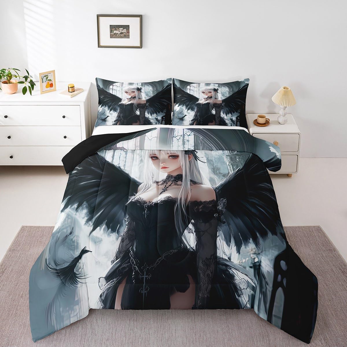 Erosebridal Anime Girl Bedding Set Twin Size, Kawaii Japanese Anime Comforter for Kids Boys Teens Adult, Cartoon Girl Quilt Japan Animation Bedroom Decor, Machine Washable, Black White