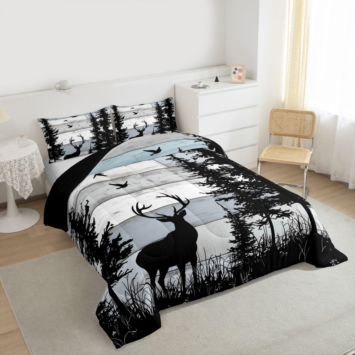 jejeloiu Deer Bedding Set Soft for Boys Girls, Rustic Cabin Country Comforter Set Queen Size Farmhouse Duvet Quilt Microfiber Wild Animal Bedroom Decor 3 Pcs with 2 Pillow Cases