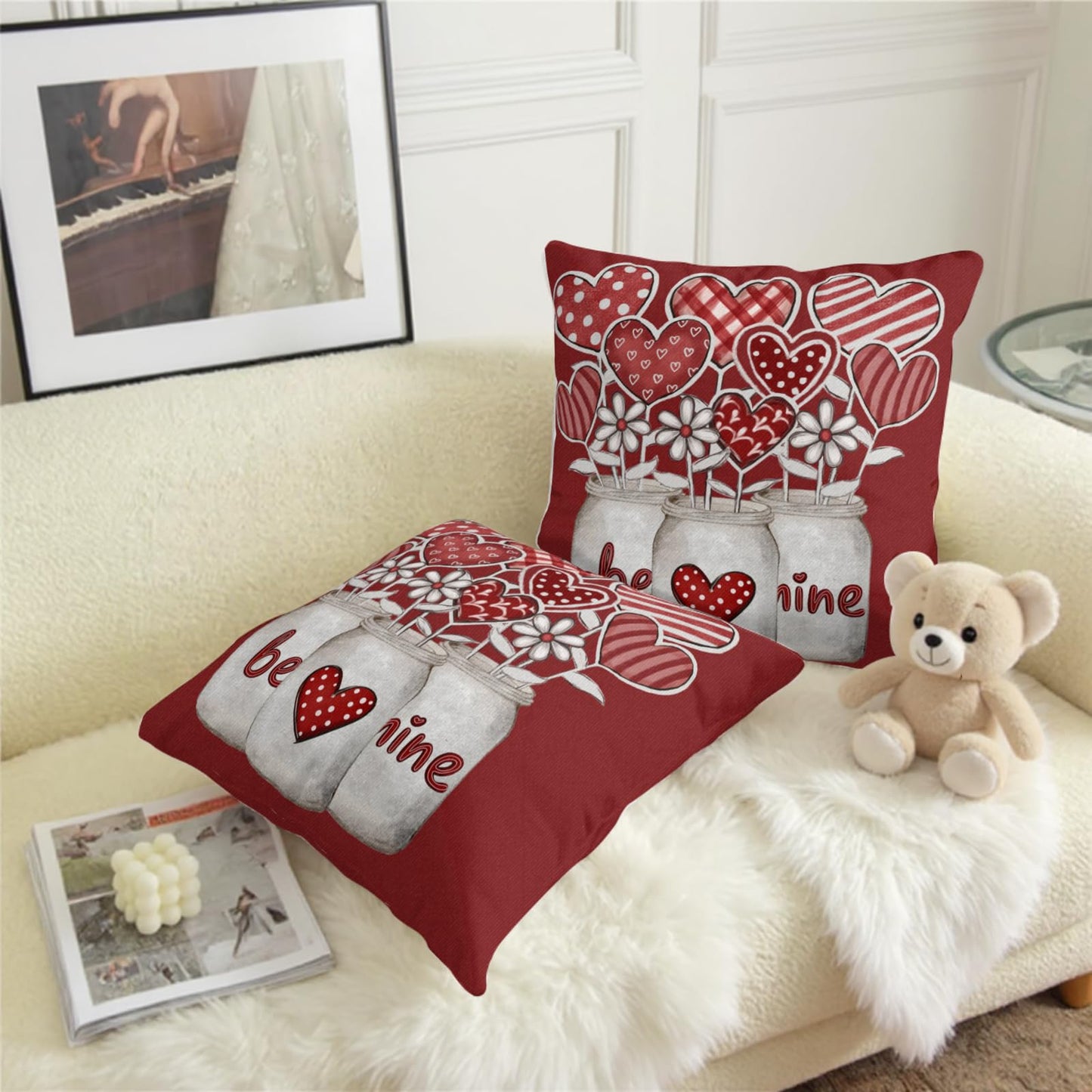 ABSOP Valentine's Day Pillow Covers 18x18 Inch Heart Shape Flowers Pattern Decorative Throw Pillow Covers Set of 2 Red Pillowcases for Couch Home Holiday Party Decor