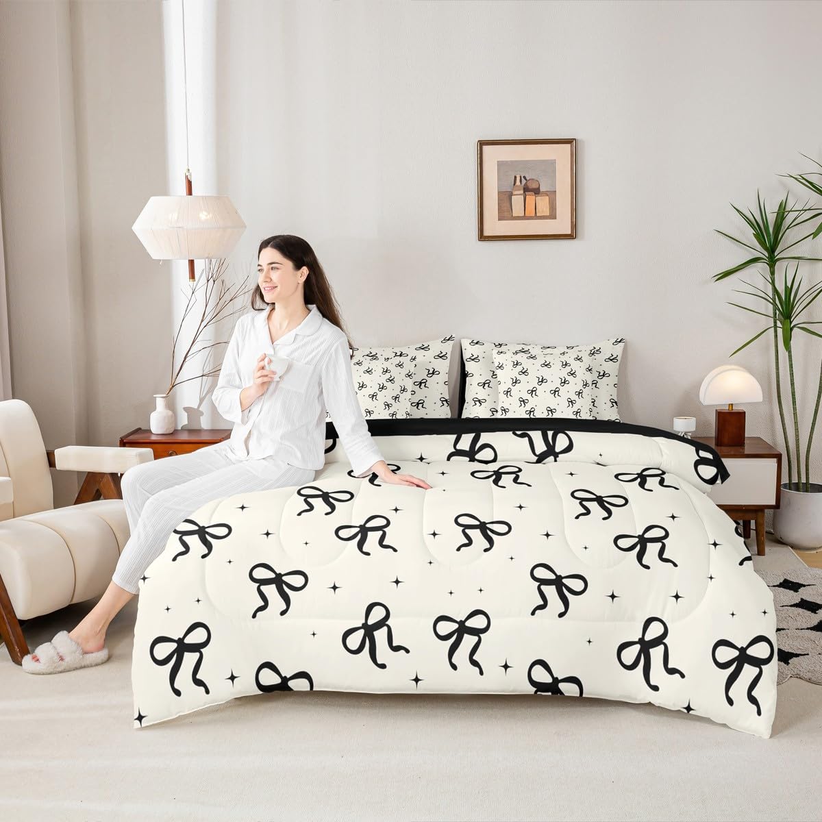 Erosebridal Black and Beige Bow Comforter Set with Sheets Teen Girls Coquette Bow Twin Size Bedding Modern Fashion Bed in A Bag 7-Piece for Women Minimalists Aesthetic Bowknot Bed Collections
