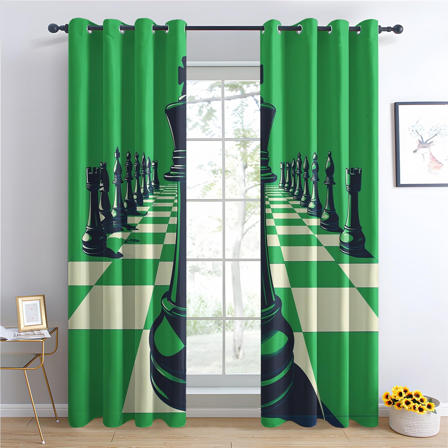 Phtbz Chess Curtains 45 Inch Length 2 Panels Set, Green Chessboard Patterned Blackout Curtains for Bedroom, Living Room Decor, Room Darkening Thermal Insulated Grommet Drapes
