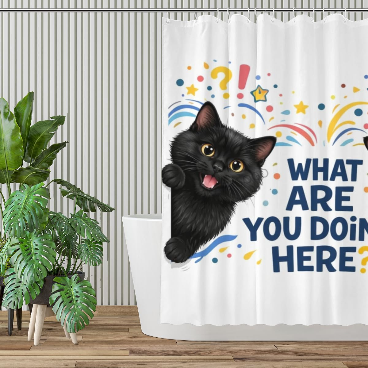 LFINKARTGOGO Funny Black Cat Shower Curtain 72x72 with 12 Hooks What are You Doing Here Waterproof Washable Polyester Bath Curtain for Home Hotel Decor