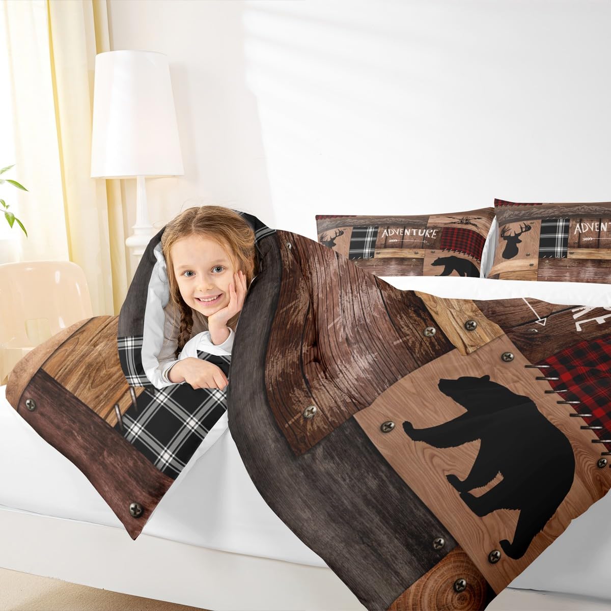 Rustic Cabin Comforter Set Twin Size,Farmhouse Bedding Set Kids Boys Girls Brown Cabin Decor,Hunting Animals Bedspread Bear Deer WildlifeDuvet Insert Patchwork Red Black Plaid Lodge Quilt Set 2pcs