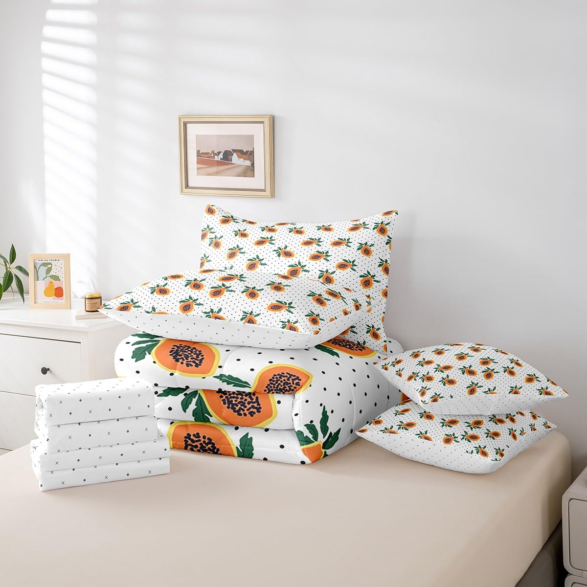 Erosebridal Papaya Comforter Set 7 Piece Bed in a Bag Twin,Tropical Fruit Bedding Sets Funny Food Themed Comforter and Sheet Set,Green Leaves Leaf Cute Bed Set