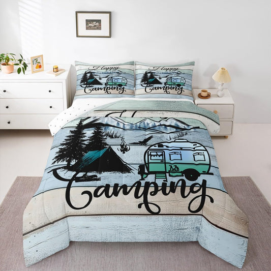 Erosebridal Happy Camping King Comforter Set Camper Bedding Comforters & Sets Rustic Farmhouse Duvet Camping Accessories Quilt Comforter RV Car Themed Decor Duvet Set Rainbow Vintage Wooden Quilt