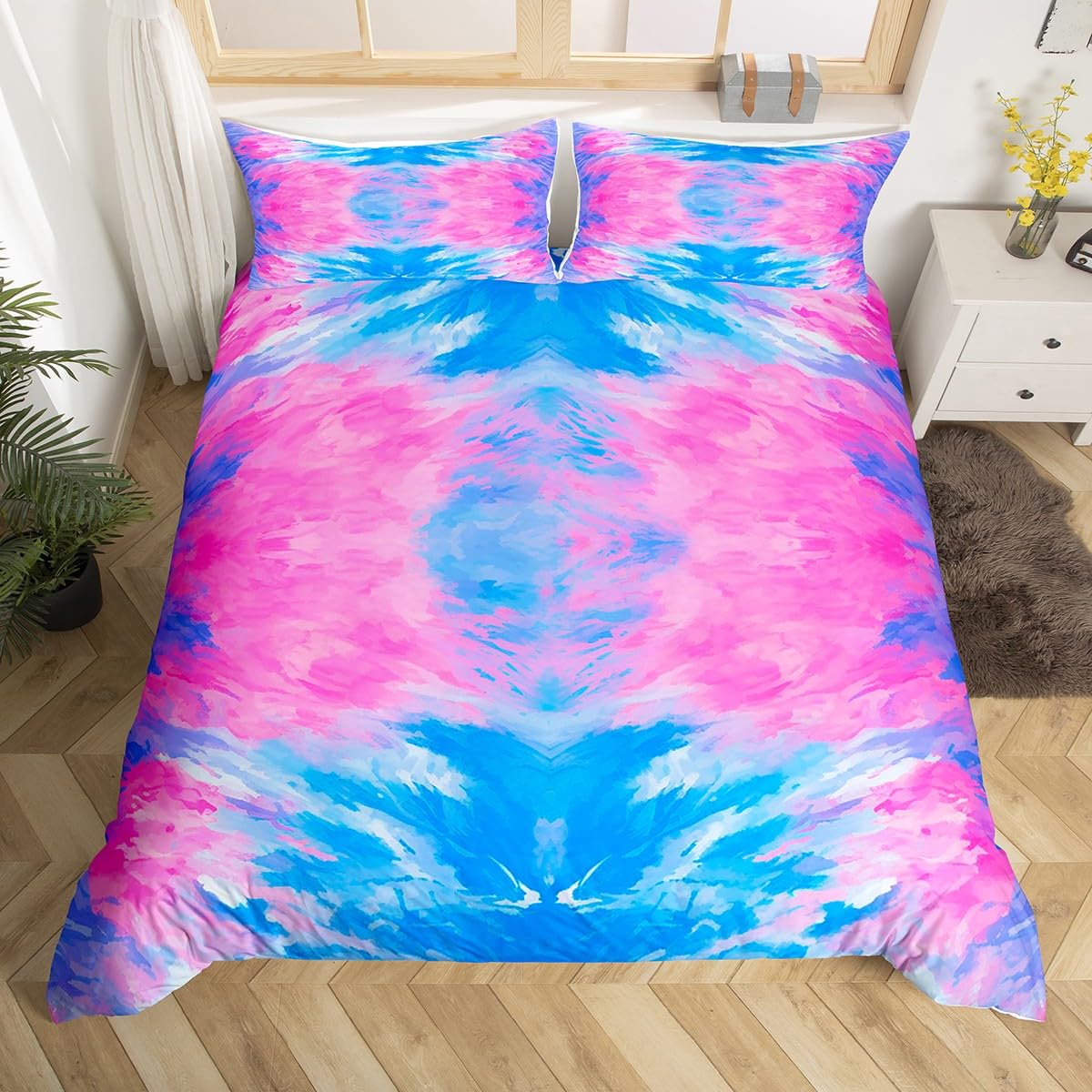 Feelyou Girls Tie Dye Bedding Set Girly Boho Hippie Tie Dye Duvet Cover for Teens Women Pink Purple Bohemian Gypsy Comforter Cover Chic Design Bedspread Cover Bedroom Decor Quilt Cover 3Pcs Queen Size