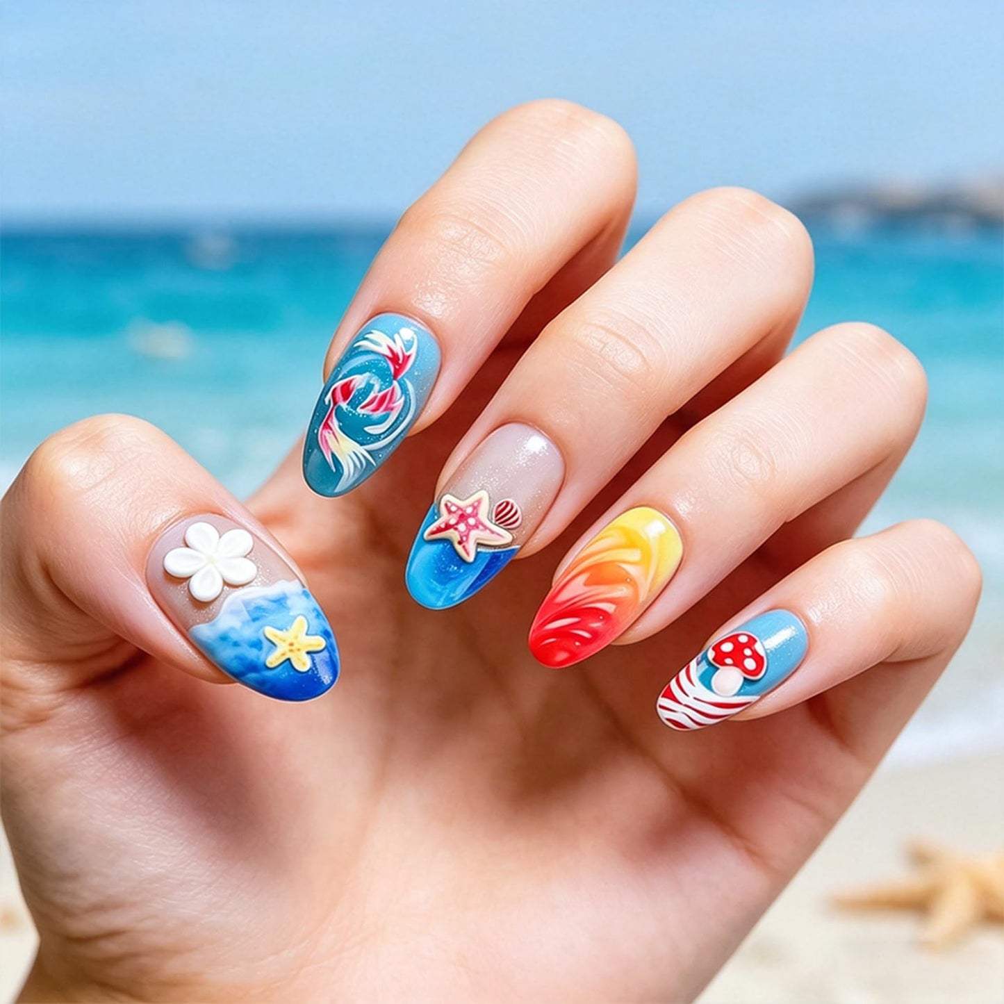 octoswave Long Almond Press on Nails 3D Summer Beach Fake Nails Ocean Wave Starfish Shell False Nails for Women Vacation Party Manicure 30Pcs
