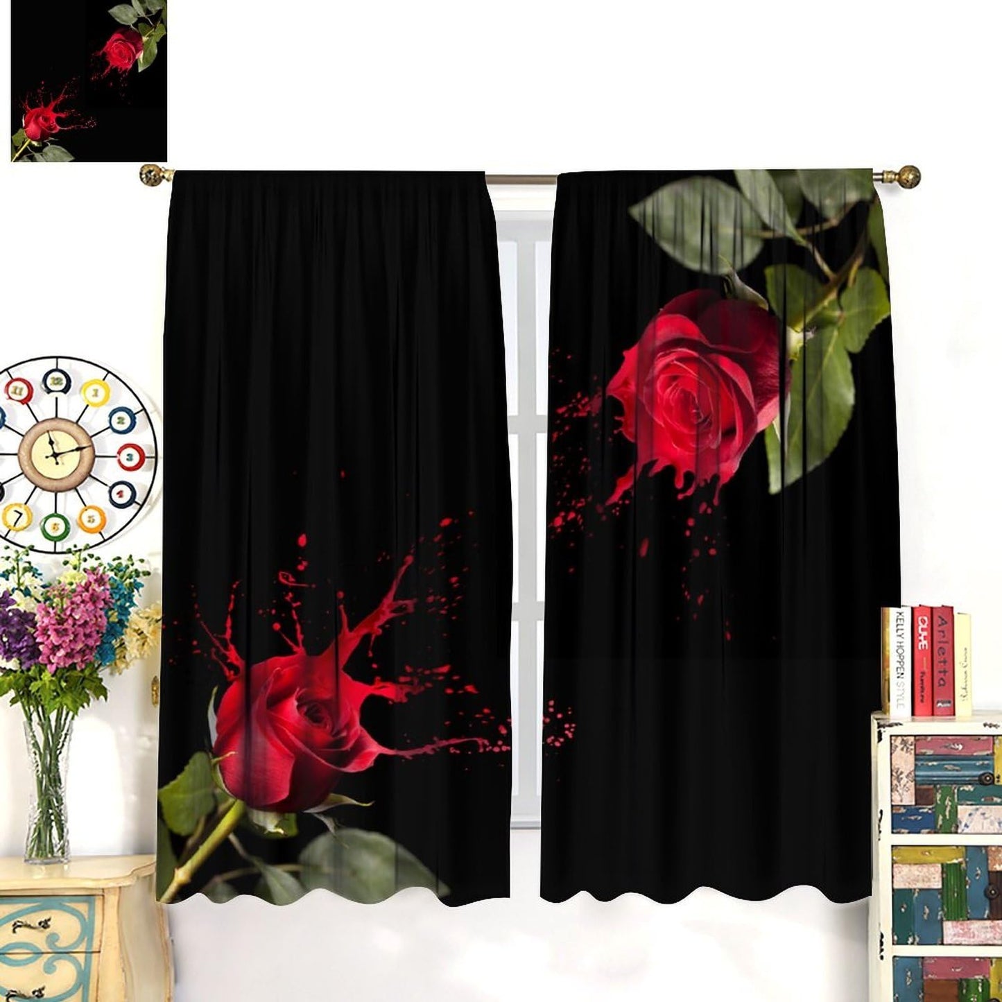 GoDazzling Rustic Romantic Red Rose Curtains, Vintage Floral Leaves Rod Pocket Window Drapes, for Bedroom Living Room 41" W X 45" L (No Blackout)