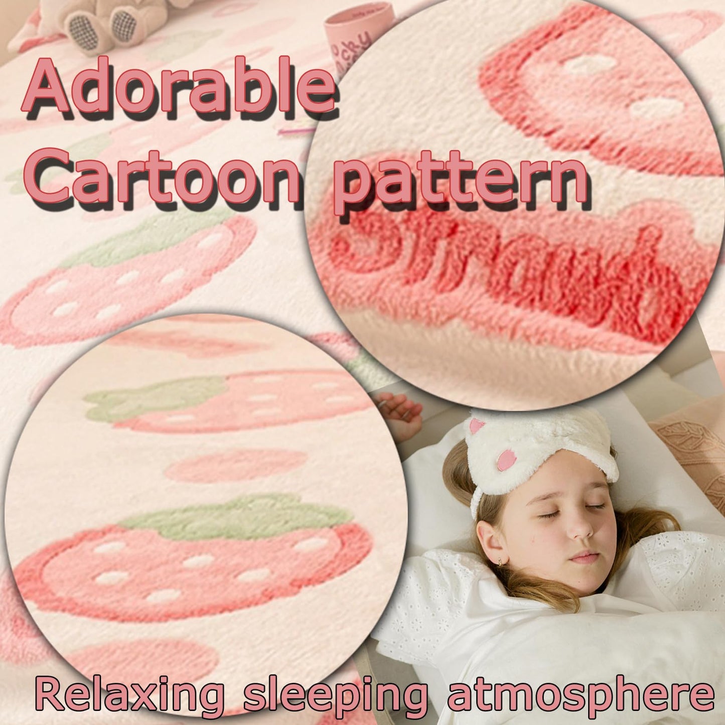 MorroMorn Fleece Fitted Sheet Full Only, Super Soft Plush Bottom Sheet with 20" Deep Pocket, Kawaii Cute for Girls Kids Teen Fall Winter Spring, No Pillowcases (Pink Strawberry, Full Size)