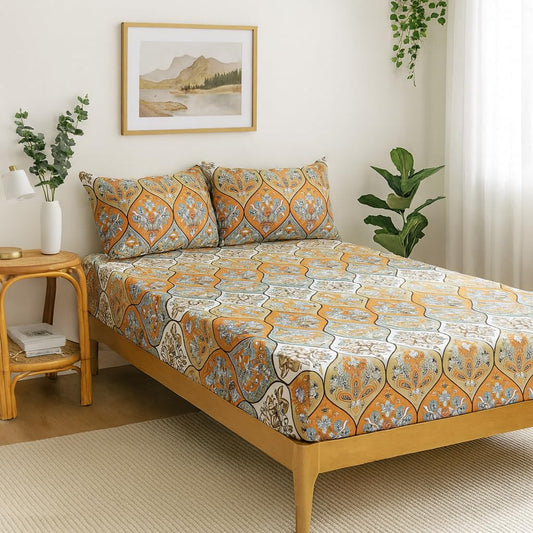 DaDa Bedding Bohemian Fitted Sheet w/Pillow Cases - Coral Teal Floral Paisley Botanical Garden Party - Bright Vibrant Multi-Colorful Blue Salmon Pink - Twin - 2-Pieces