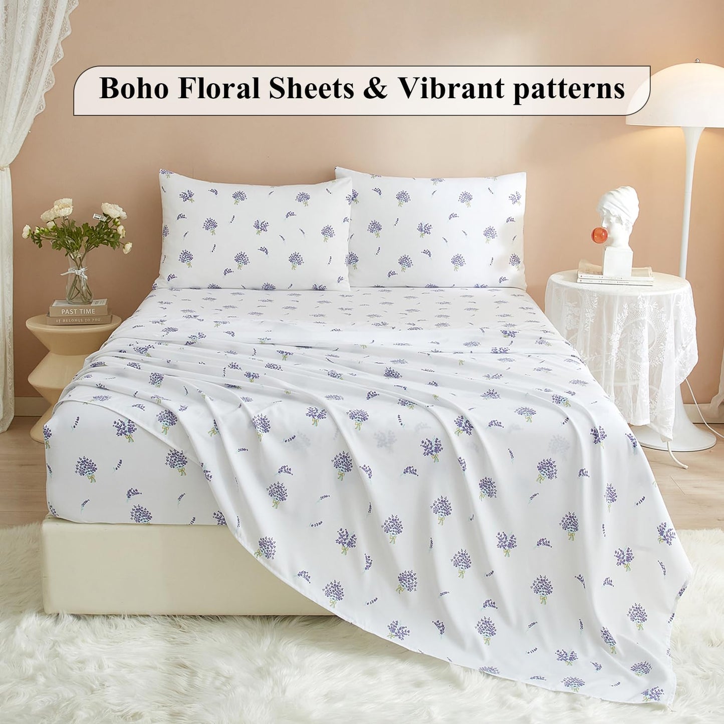 AMWAN Floral California King Size Sheets Set White 4 Piece，Extra Deep Pocket Sheets - Soft Flat Sheet - Cooling Bed Sheets Purple Floral Super Soft with Fitted Sheet,2 Pillowcases Set