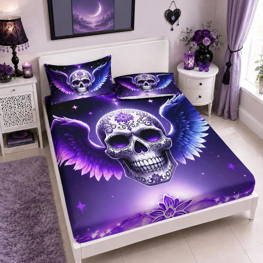 HOSIMA Death Skull Fitted Sheet for Horror Decor,Skull with Floral Pattern Halloween Bedding Queen for Goth Bedroom Decor,Wings and Glitter Stars Print Gothic Bedding,1 Fitted Sheet+2 Pillowcases.