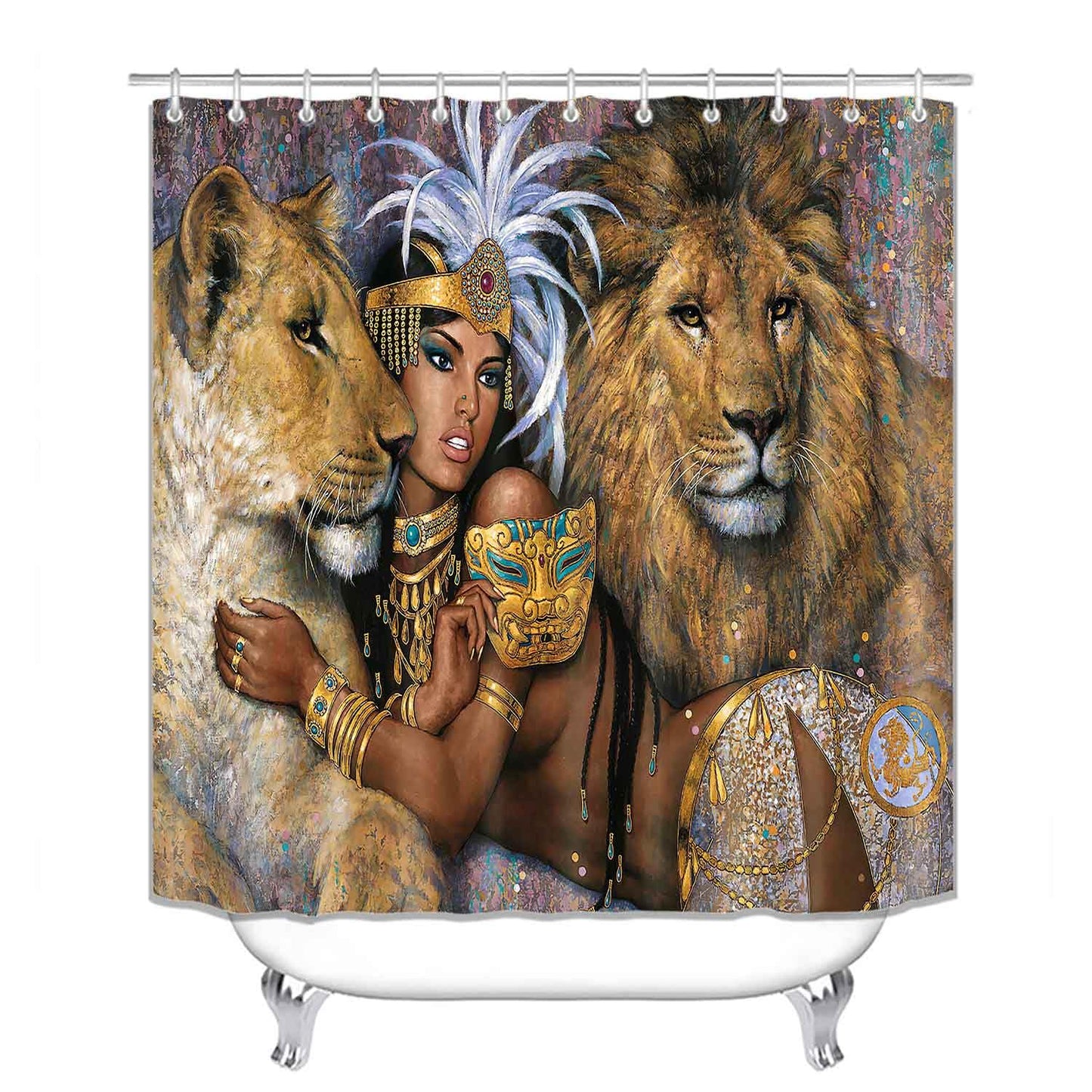 OLEBETY 4PCS Lion African Women Shower Curtain Sets With Rugs, African American Shower Curtain, Waterproof Fabric Brown Shower Curtain, Wild Animal Exotic Afro Black Girl Egyptian Queen Bathroom Decor