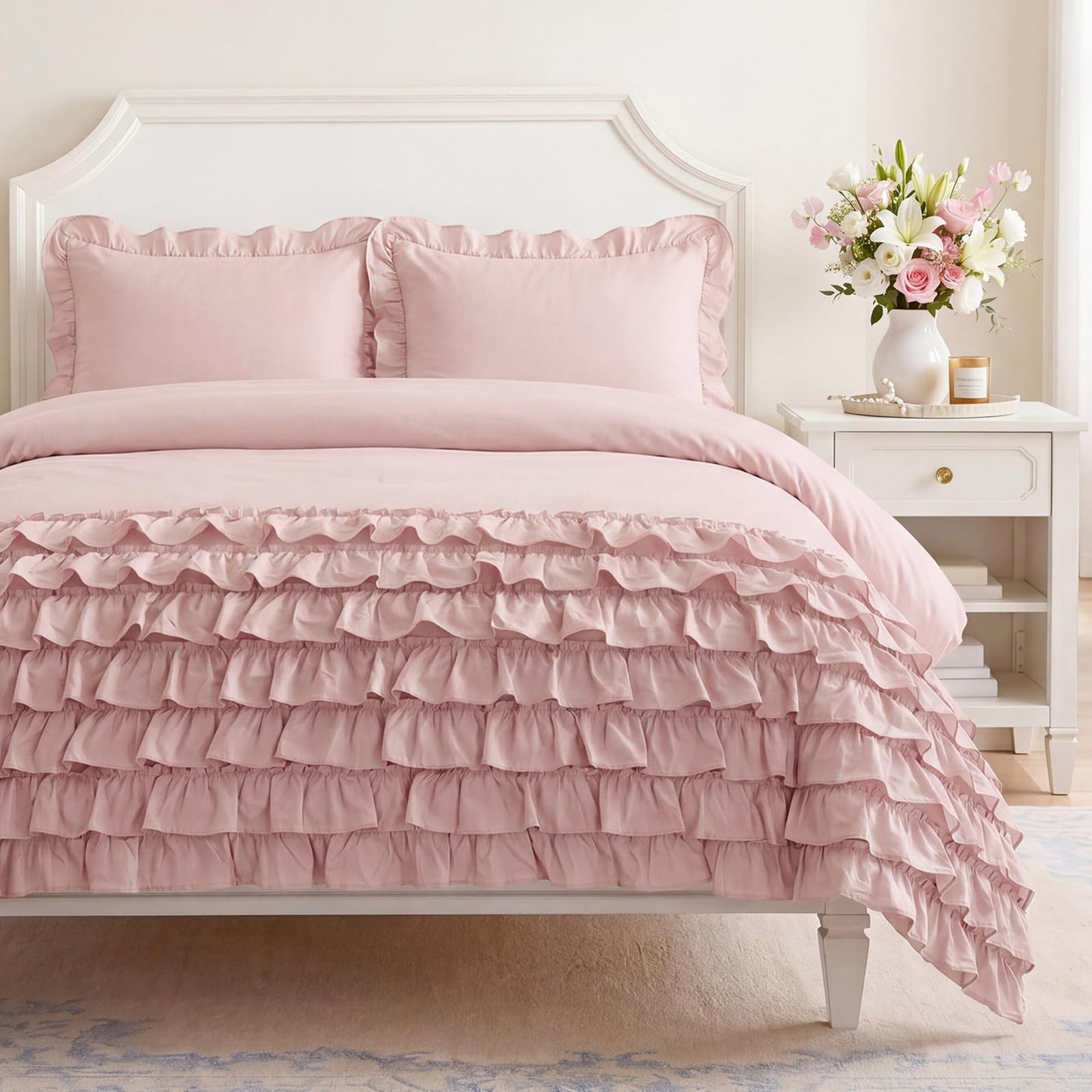 Bedorm 100% Cotton Duvet Cover Set King Pink Ruffle Bedding Set Multi-Layers Ruffled Design Shabby Chic Duvet Cover 3Pcs Soft Breathable Cotton Bed Set