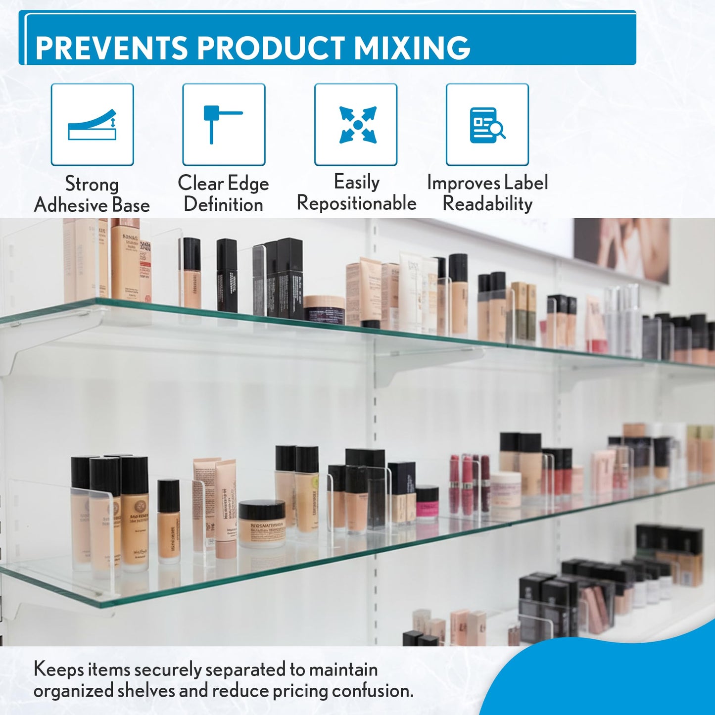 Shelf Dividers, 50 Pack, Self Adhesive, 3” H x 9.5” L Shelf Separators for Retail Shelving, Pantry & Closet Organization, Easy Stick 20 Mil Clear PVC, Product Display Dividers, Clip Strip Corp