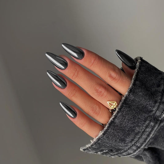 Smoky Grey Chrome Press on Nails Medium Almond, KQueenest Mirror Metal Stiletto Fake Acrylic Nails with Bling Design, Black Glue on Nails for Daily Wear, False Nails Press ons in 24 Pcs