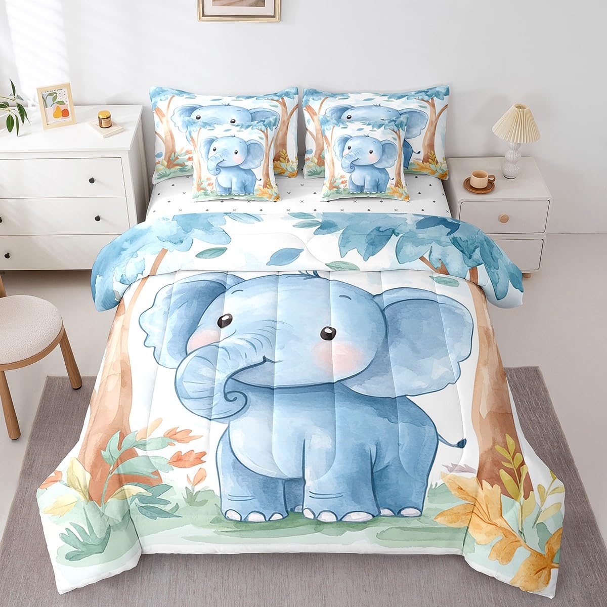 Erosebridal Kawaii Elephant Twin Size Comforter Set with Sheets Kids | Cartoon Safari Wild Print 7-Piece Bedding Set Watercolor Green Eucalyptus Bed in a Bag African Jungle Animal Bed Quilt Sets