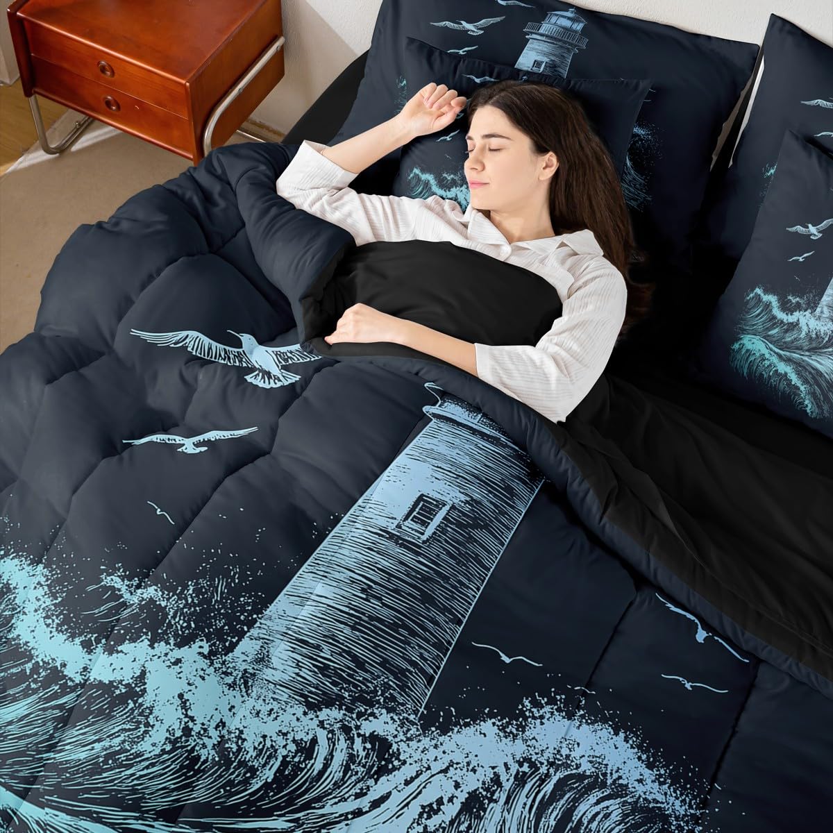 Erosebridal Boys Nautical Comforter Set Men Lighthouse Bed in A Bag King Size 7 Pieces Ocean Wave Bed Set Surfing Coastal Bedding