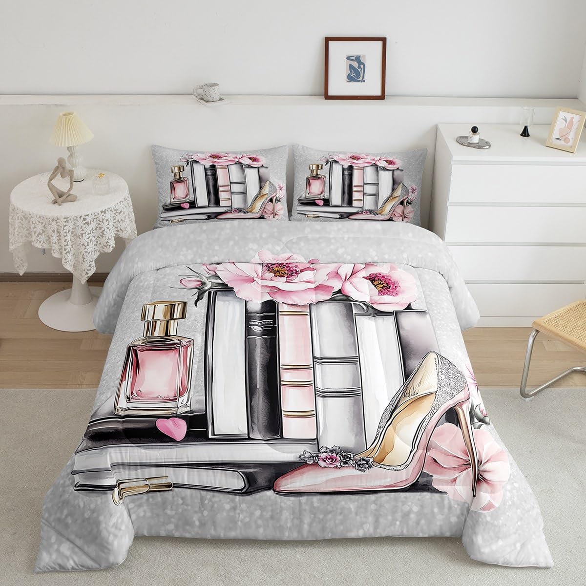 Erosebridal Pink Girly King Bedding Set Silver Fashion Comforter Set Women Girls Gray Pink Flower Perfume Quilt High Heels Magazine Books Floral Duvet Insert