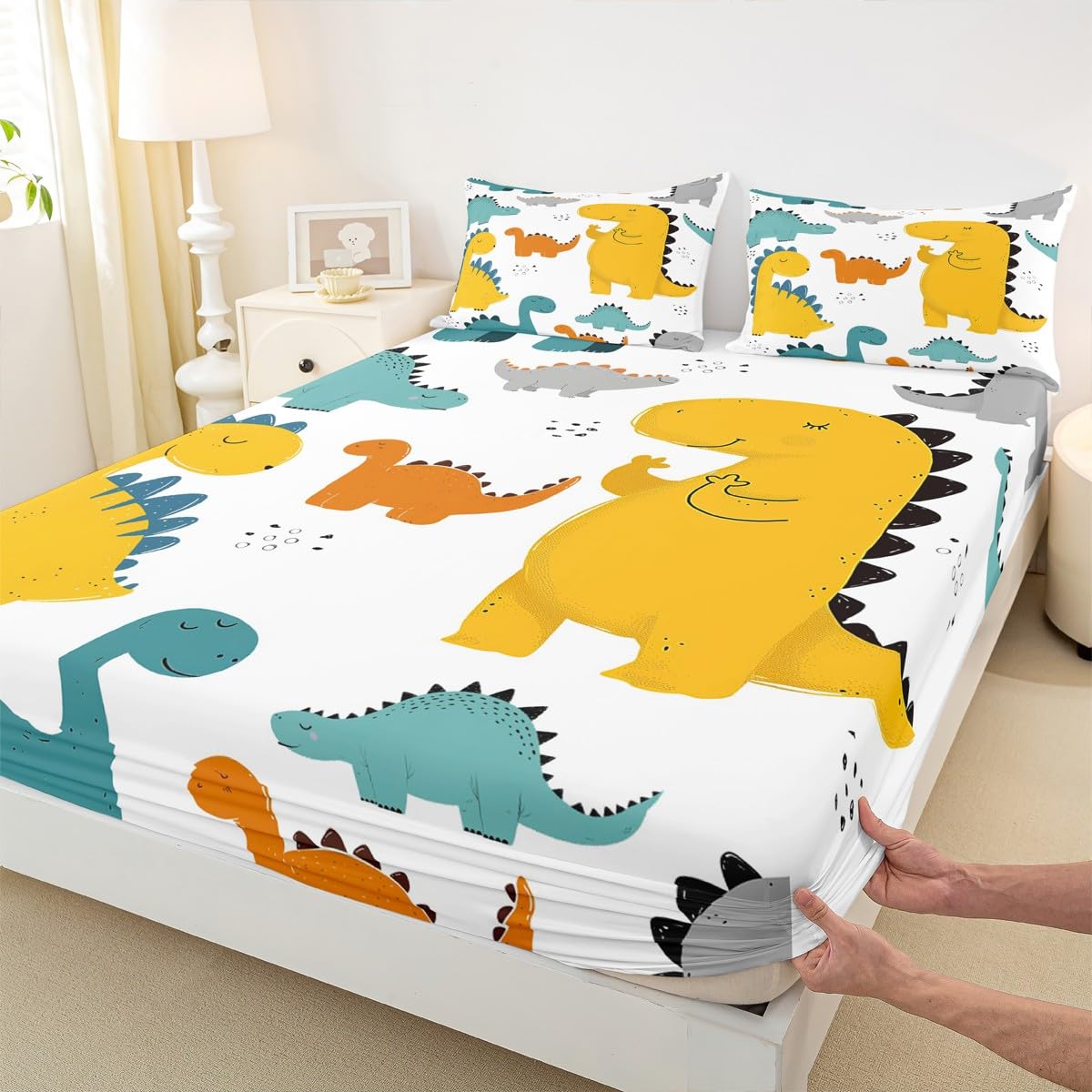 Cartoon Dinosaur Kids Fitted Sheet Cute 3D Digital Print Bed Sheet Set Decor Jungle Dino Bedding Set Wild Animal Pattern Yellow Blue Bed Cover Bedroom Quilt Cover 2Pcs Twin