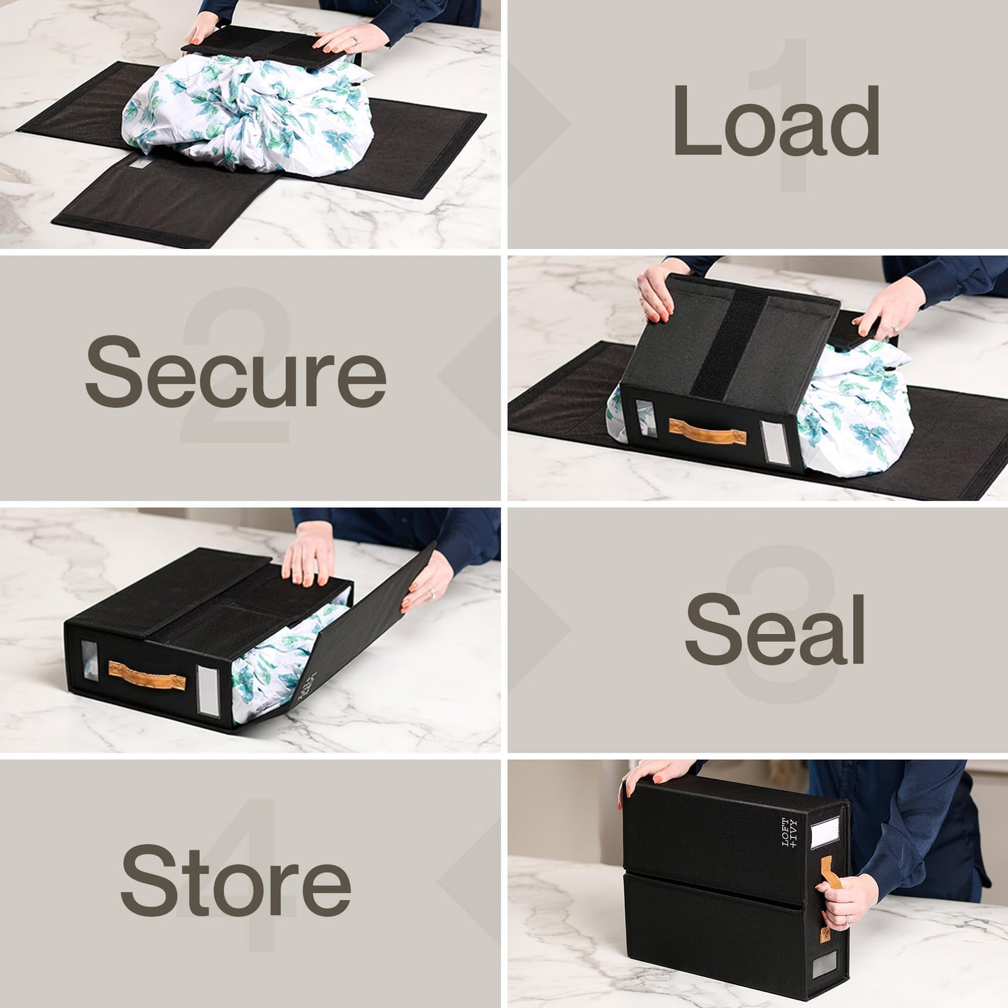 LOFT + IVY Sheet Organizers and Storage – Bed Sheet Holders Box for Linen Closet, Foldable Bedding Storage with Leather Handles, Label Slot, Closure – Black, 4-Pack