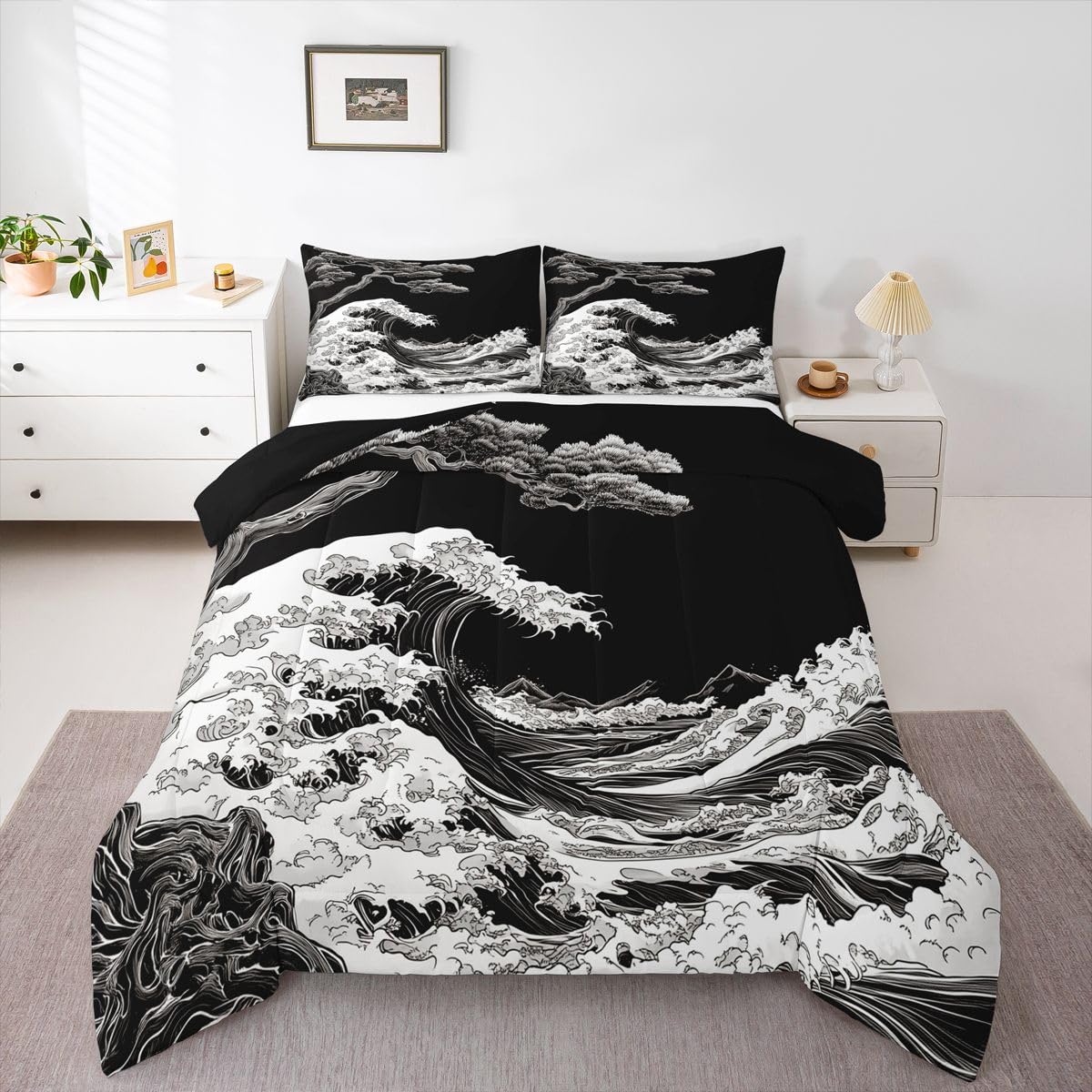 jejeloiu Wave Comforter Set All Season Japanese Style Bedding Set with 2 Pillow Cases Ocean Wave Microfiber Kids Queen Bedclothes Bedroom Decor Duvet Quilt Breathable Soft Lightweight