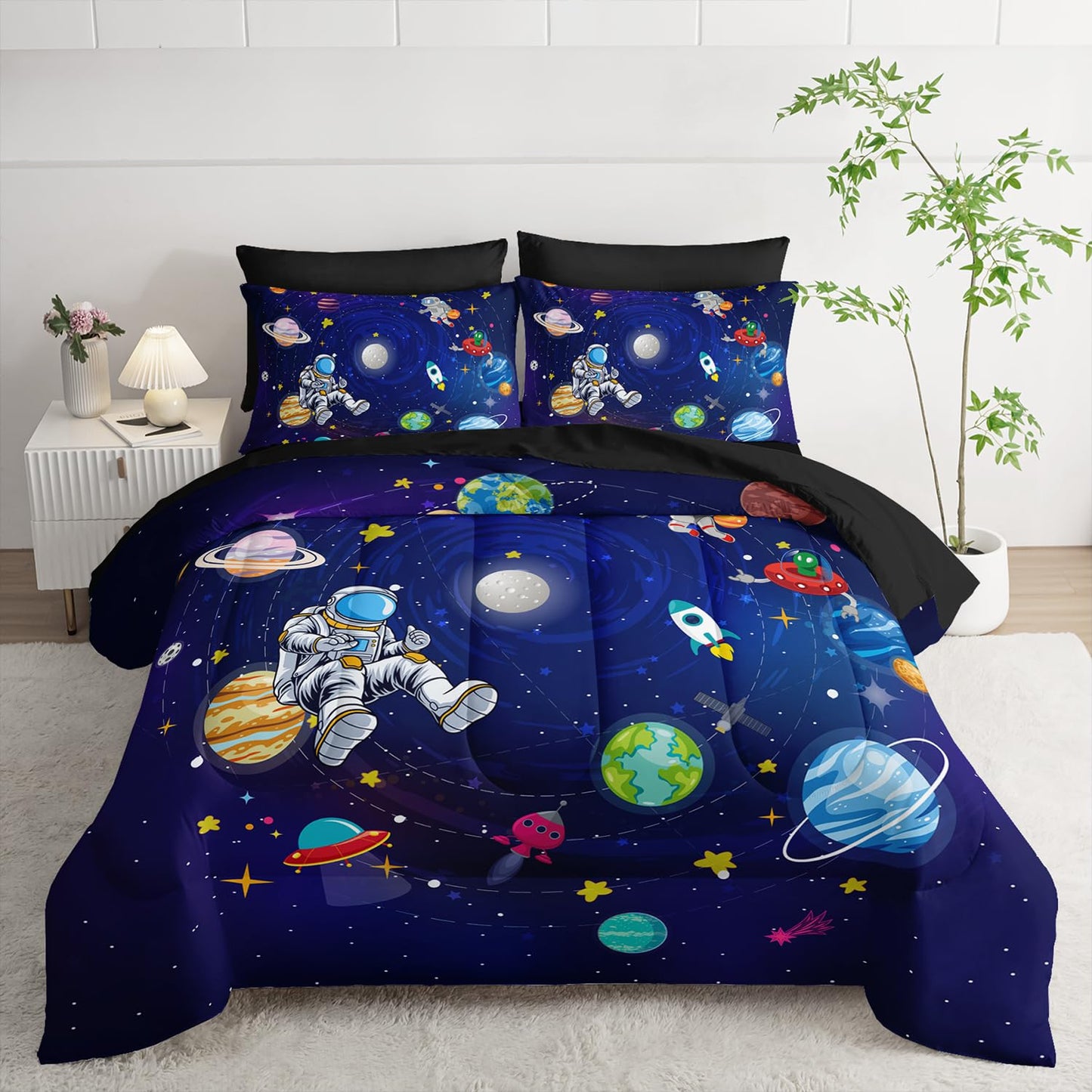 AILONEN Cute Astronaut Comforter Set Full Size,7-Piece Outer Space Planet Rocket Bed in a Bag,Comforter & Fitted Sheet with Flat Sheet & 2 Pillowcases,2 Pillow Cases for Bedroom,Soft Microfiber