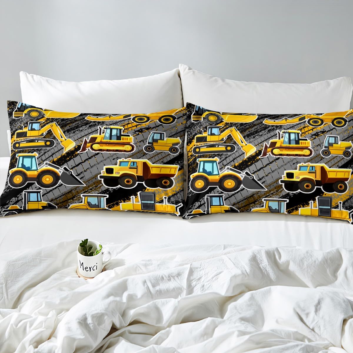 Equipment Trucks Comforter Cover Set, Excavators Bedding Set Full, Yellow Vehicle Duvet Cover for Child Kids Children Boys Teens Construction Tractor Construction Site Car Beddings for Bedroom Decor