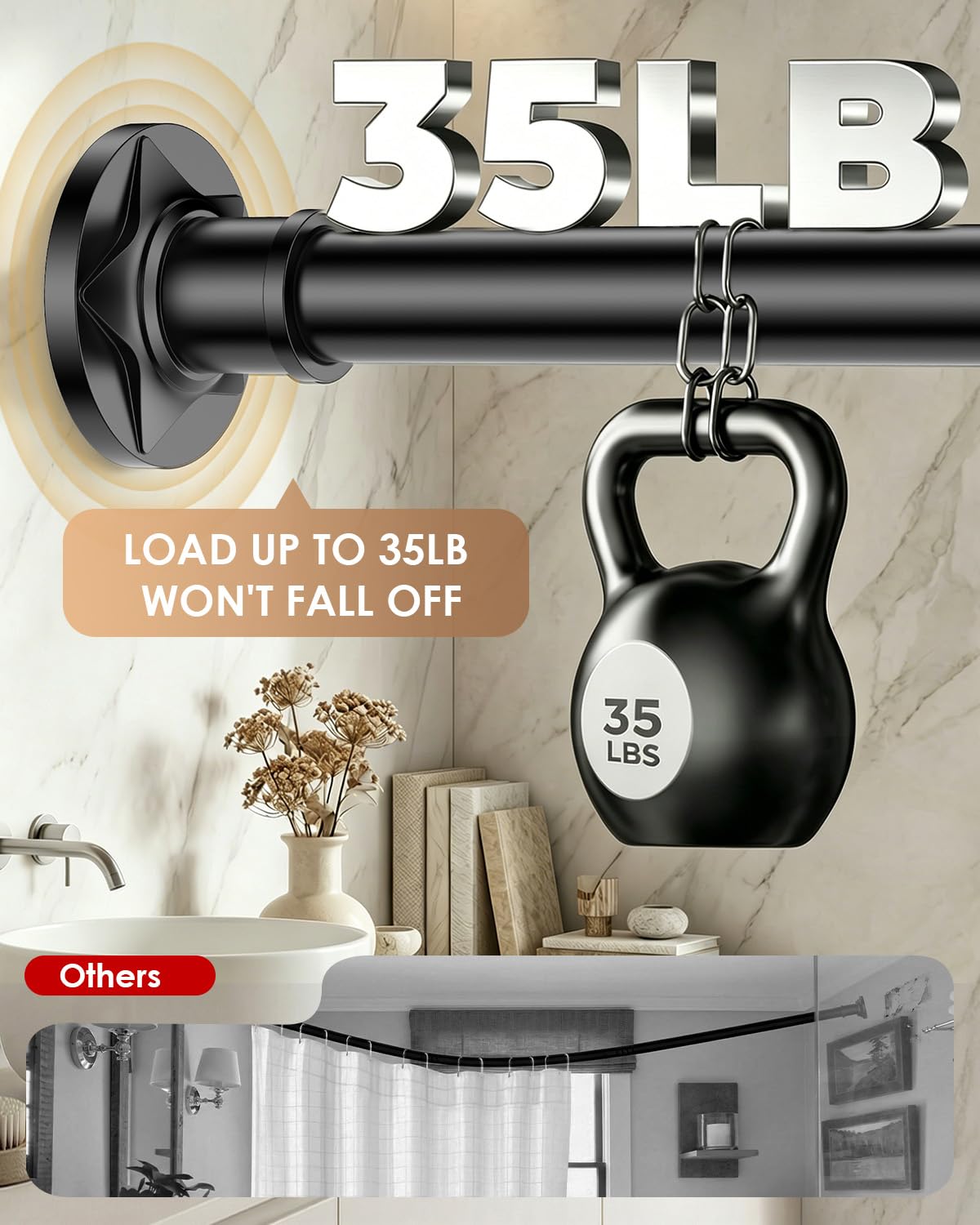 Outdoor Curtain Rod 30-96 in (8ft) No Drilling Adjustable Tension Black Shower Curtain Rod 1.1" Diameter Stainless Steel, Rustproof Heavy Duty, Room Divider for Bathroom Window Patio Closet