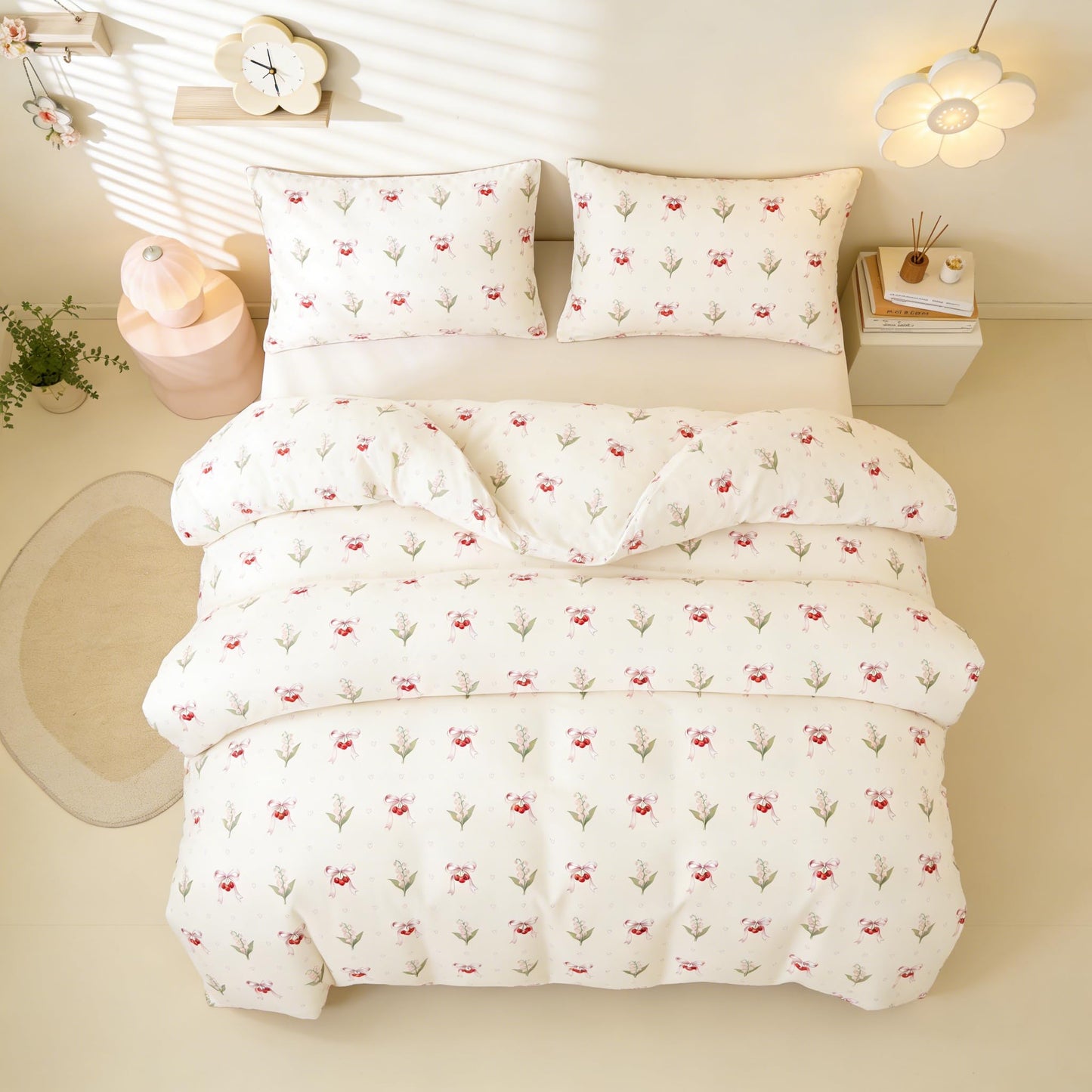 Pink Duvet Cover Queen Size Floral Bow Cherry Printed on White Duvet Cover Set Love Pattern Bowknot Heart Spring Romantic Green Botanical Princess Kawaii Soft Microfiber Bedding Set Kids Boys Girls