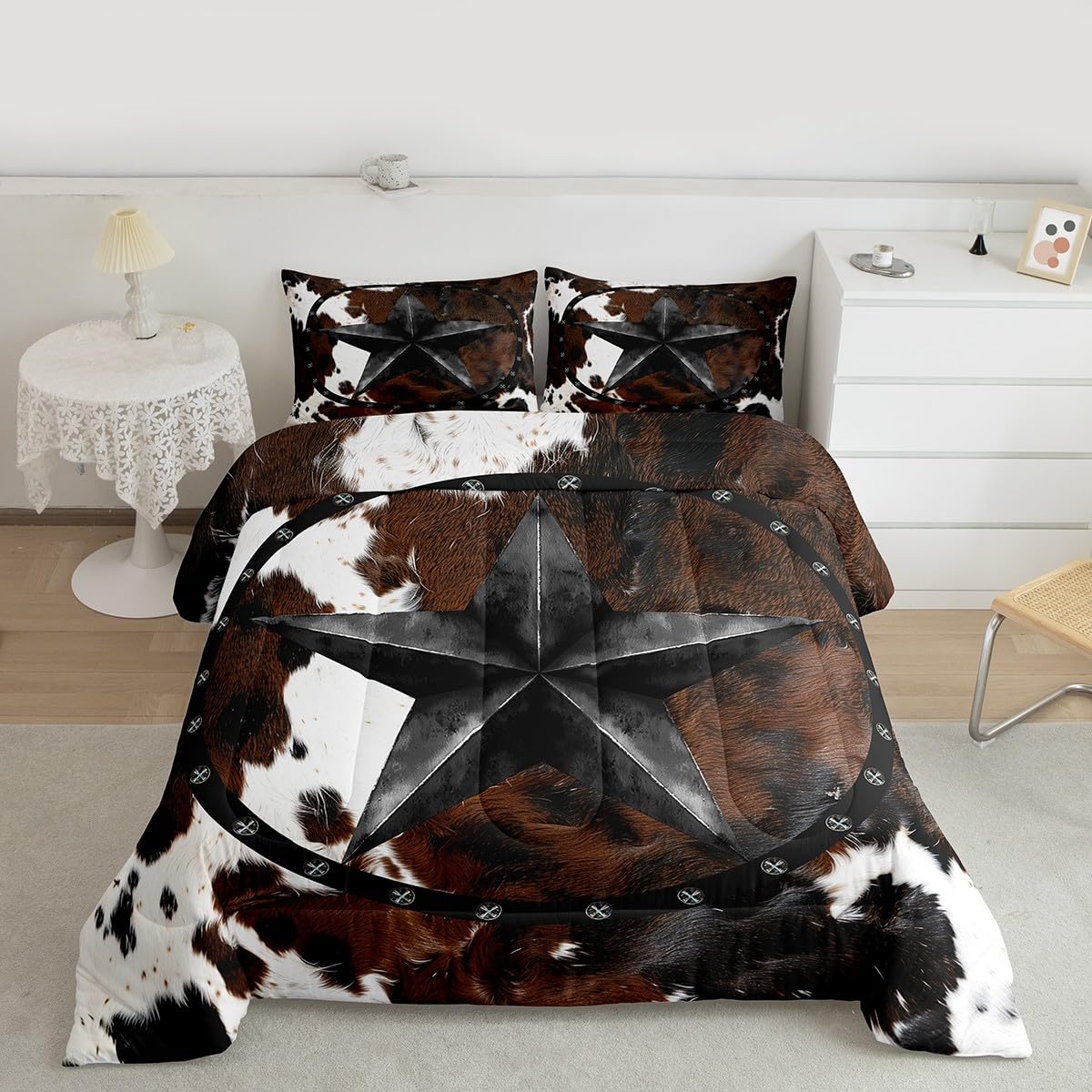 jejeloiu Texas Star Bedding Set Soft for Boys Girls, Western Cowhide Comforter Set Queen Size Farmhouse Rustic Duvet Quilt Microfiber Cow Fur Print Bedroom Decor 3 Pcs with 2 Pillow Cases