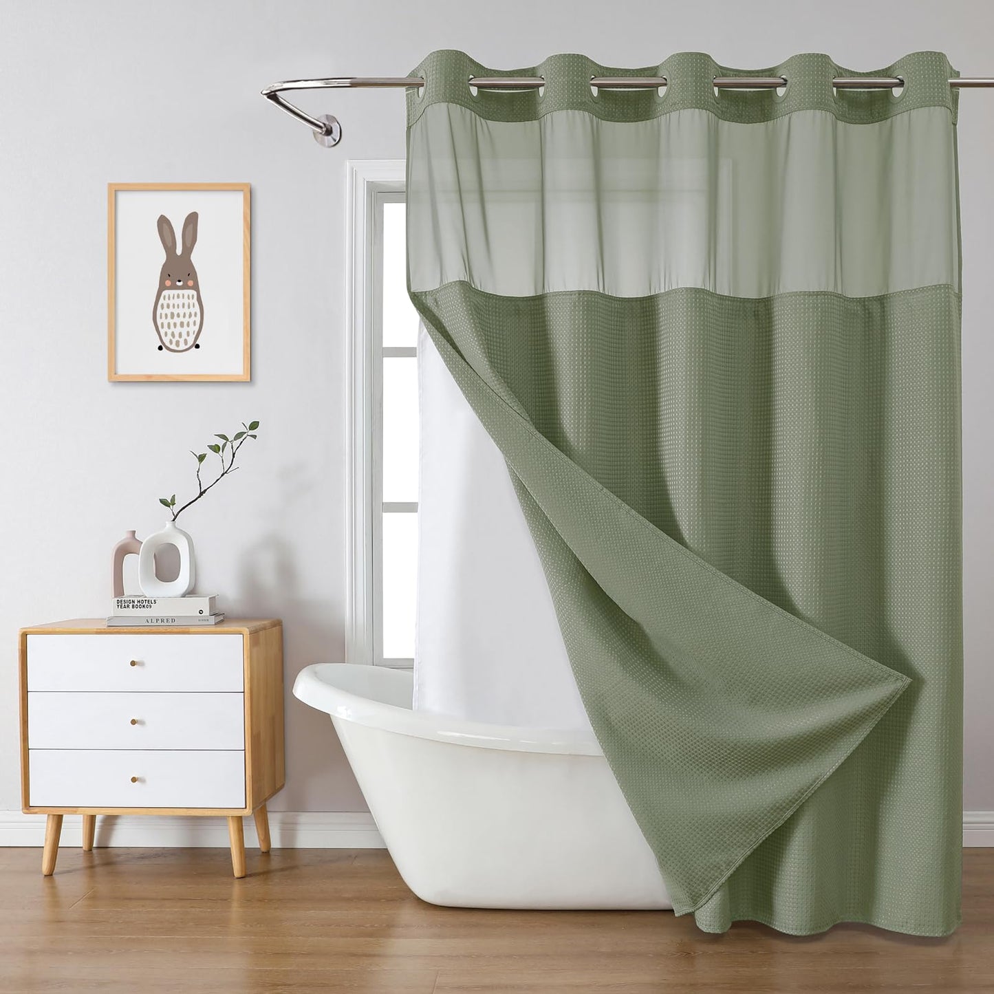 eachope SageGreen Extra Long No Hook Waffle Weave Shower Curtain with snap-in Liner Replacement, 230GSM Waterproof Fabric Hotel Shower Curtain Set for Bathroom, Through Mesh Top Window,71Wx98H