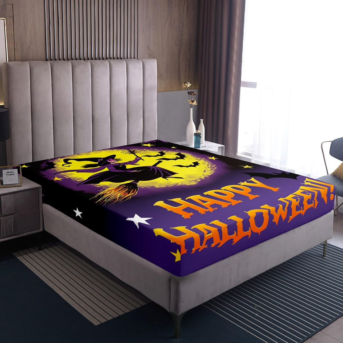 Feelyou Happy Halloween Fitted Sheet Full Size for Kids Boys Girls Magic Broom Bed Sheets Set 16" Deep Pocket Soft Breathable Microfiber Witch Bedding with 2 Pillowcases Halloween Decor Room Decor