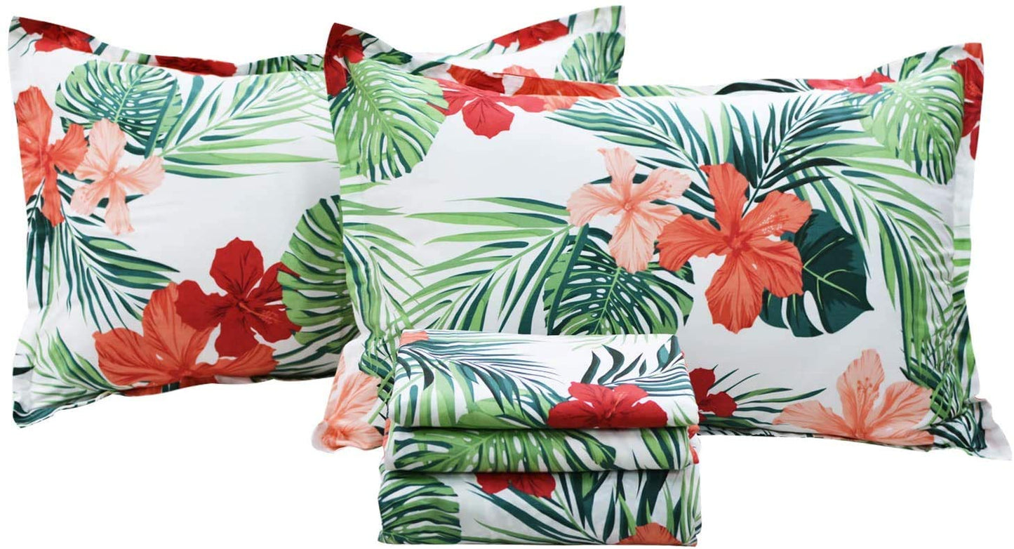 FADFAY Green Floral Sheets Queen Size 100% Cotton Floral Bed Sheet Ultra Soft Tropical Bedding Banana Palm Leaves Top Sheet Hawaiian Deep Pocket Fitted Sheet 4-Pieces
