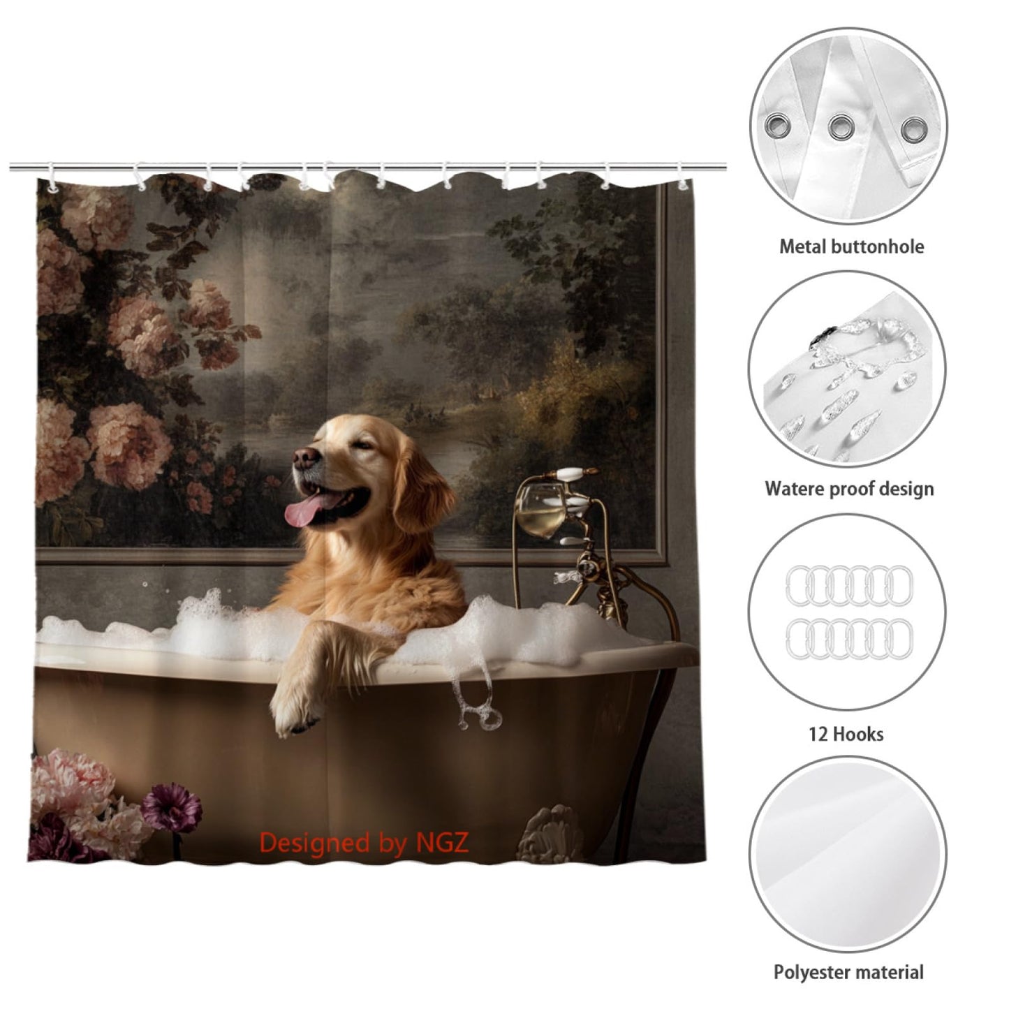 NGZ Funny Golden Retriever Shower Curtain, SPA Golden Retriever with Wine, Grey Shower Curtain, 72x72 Inches Floral Shower Curtains for Bathroom, Bath Curtains Set with 12 Hooks