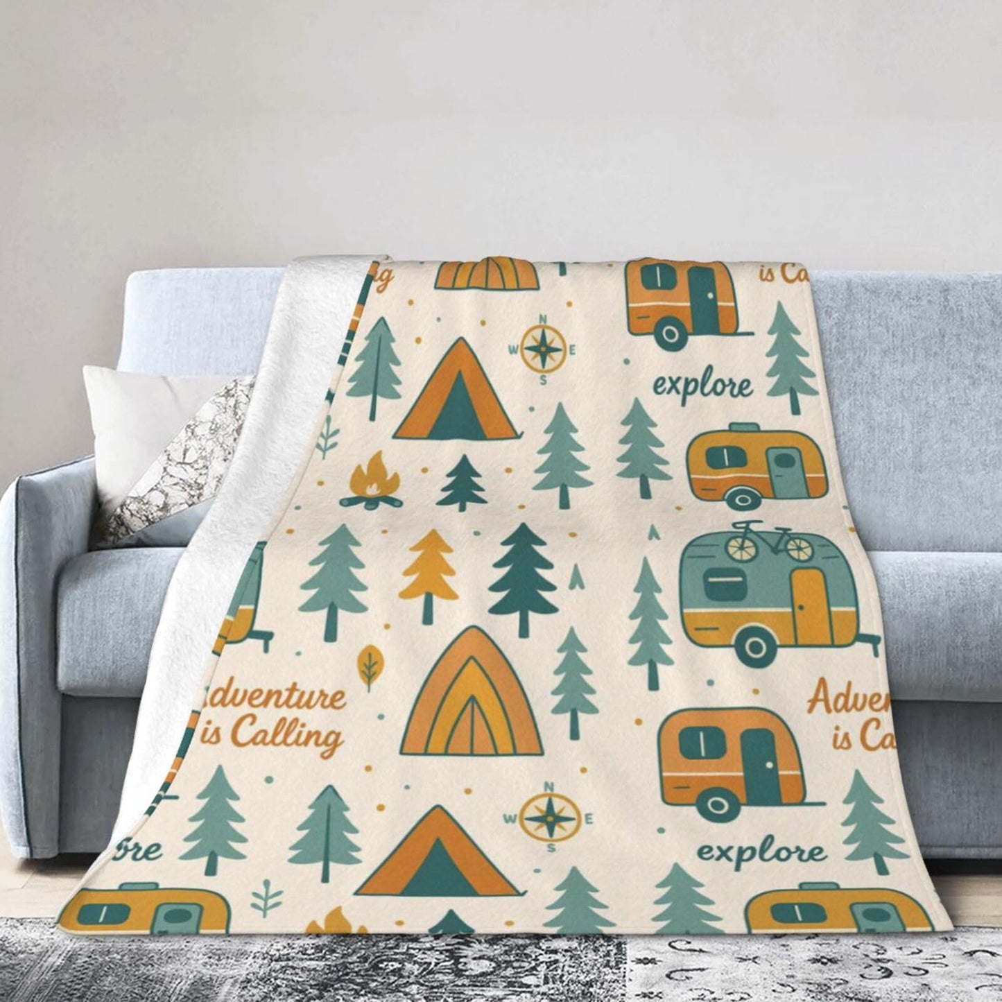 Qycazzw Adventure Camping Blanket 50"x60", Explore and Camp Throw Blankets, Gifts for Women Girls Kids, Soft Lightweight Fleece for Sofa Room Couch Bed Travel Modern Decor