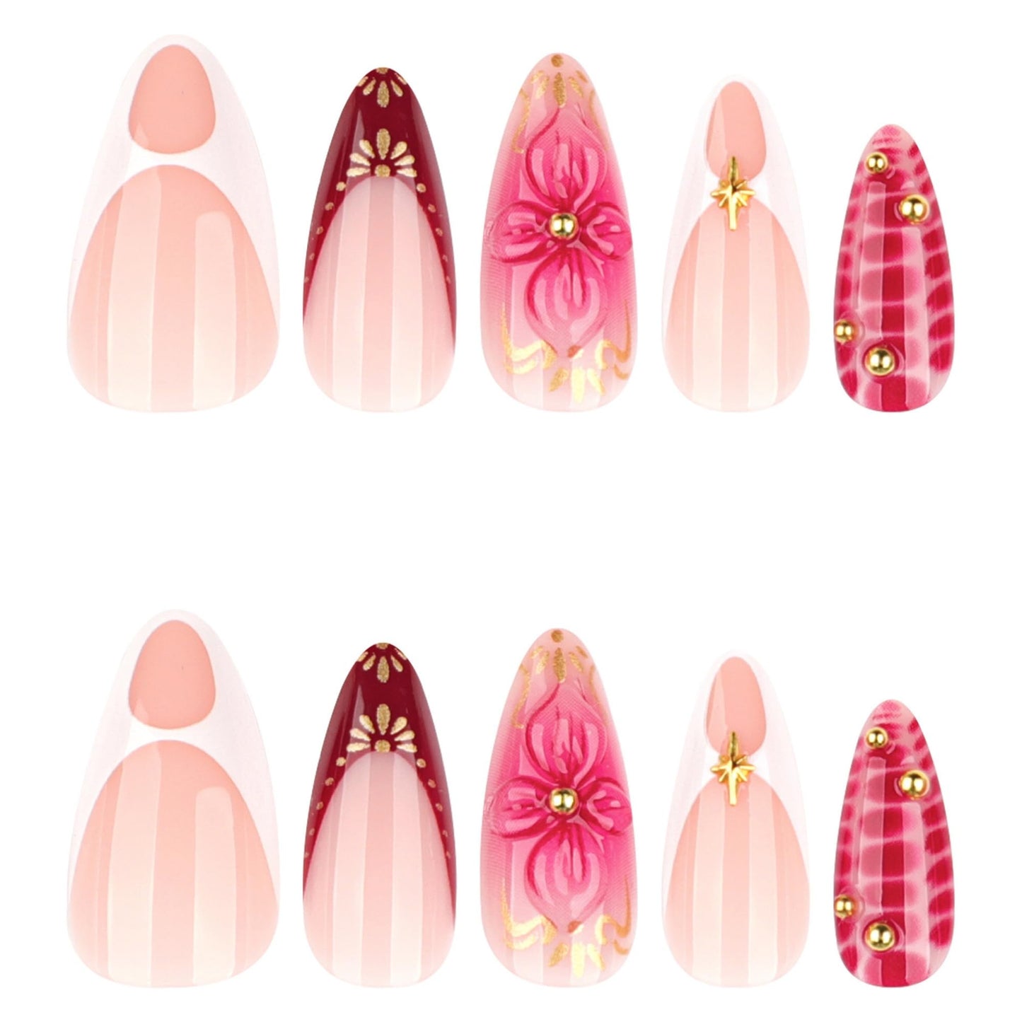 octoswave Press on Nails Long Almond Fake Nails Red French Artificial Nail with 3D Flowers Stick on Nail for Women 24pcs