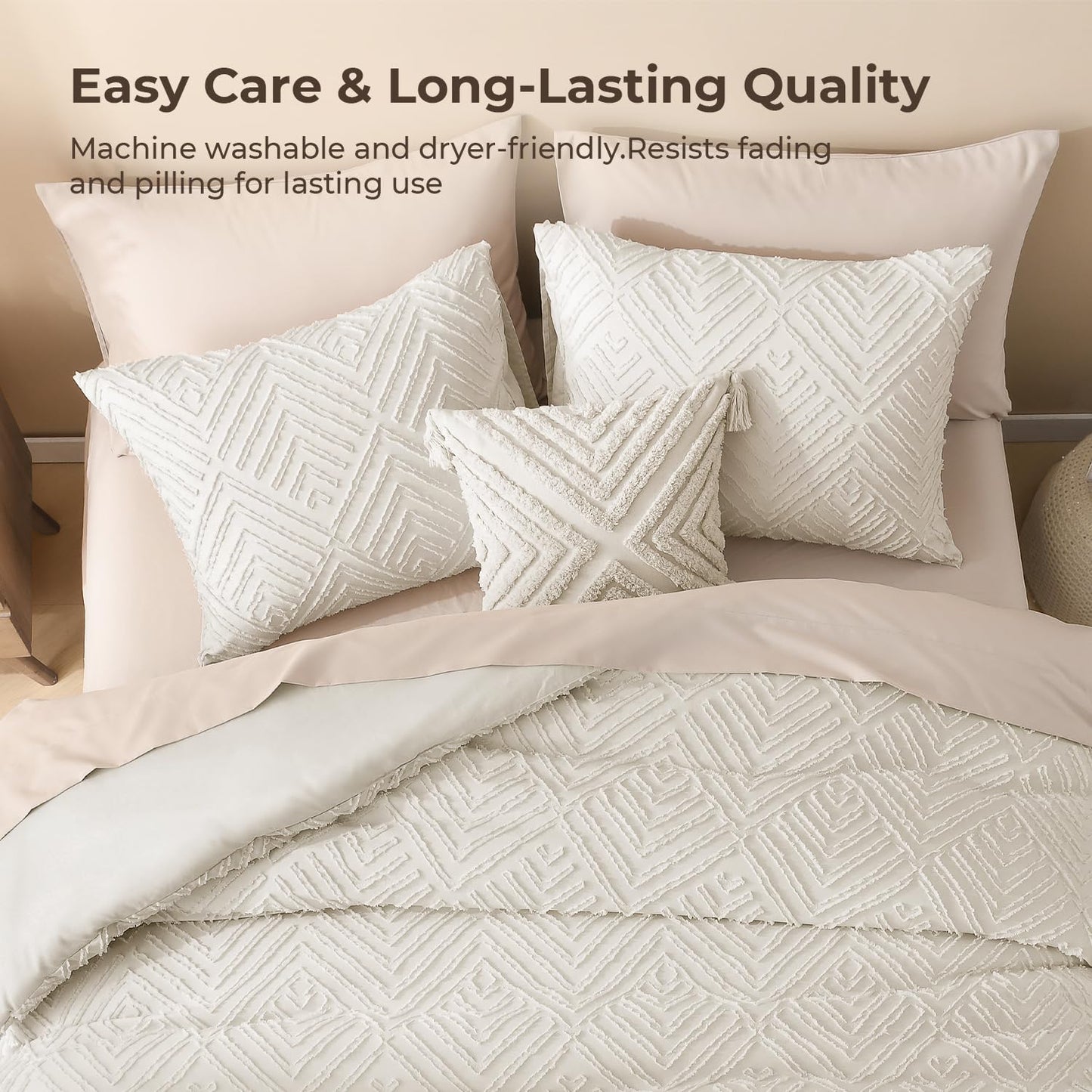 Litanika Queen Comforter Set Beige, 3 Pieces Cream Tufted Boho Farmhouse Bedding Comforter Sets, Lightweight Fluffy Comforter Bed Set for All Season (90x90In Comforter and 2 Pillowcases)