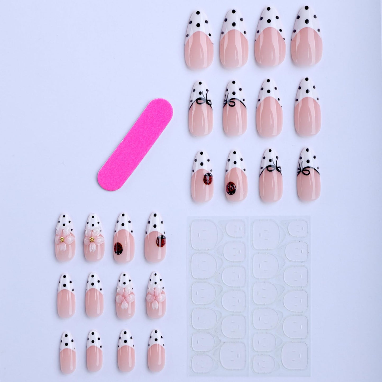 Long Press on Nails Almond Fake Nails White Acrylic Nail Press Ons Seeneey French Stick on Nail Polka Dot Bow 3D Flower Ladybug Glossy Full Cover for Women 24pcs