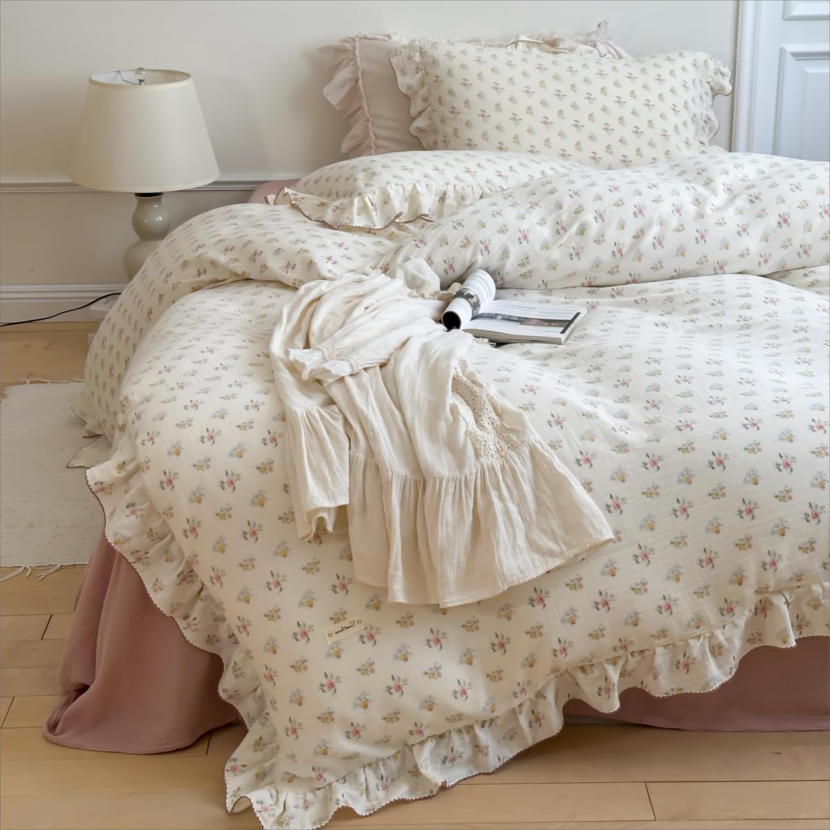 BuLuTu Muslin Cotton Duvet Cover Set Queen, Ruffled Bedding Quilt Cover Shabby Chic Azalea Floral Comforter Cover, Soft Lightweight Bed Set for Kids Teens Young Adults, Machine Wash
