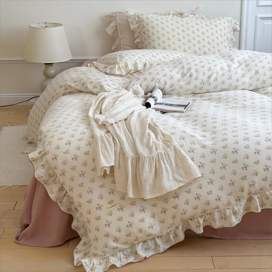 BuLuTu Muslin Cotton Duvet Cover Set Queen, Ruffled Bedding Quilt Cover Shabby Chic Azalea Floral Comforter Cover, Soft Lightweight Bed Set for Kids Teens Young Adults, Machine Wash