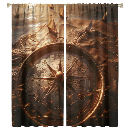 TOWINSFB Medieval Antique Compass Blackout Curtains for Bedroom Living Room, Vintage Nautical Sailboat Thermal Insulated Curtains Rod Pocket Window Drapes, 2 Panels/Each 21" W x 45" L