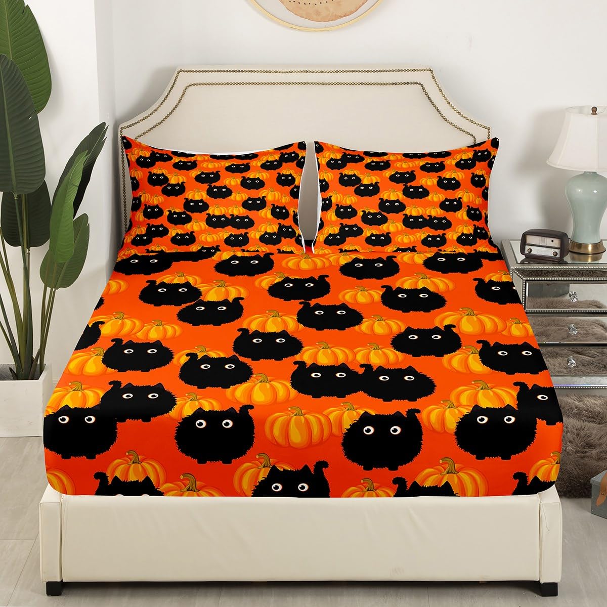 Black Cat Orange Pumpkin Bed Sheet 4 Piece,Halloween Cartoon Animal Sheets Full Size Bed Set,Cute Graffiti Farmhouse Style Bedding Set with Flat,Fitted Sheet,2 Pillow Cases