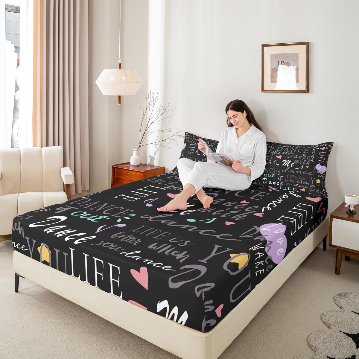 Feelyou Hippie Graffiti Bed Sheets Set Girls Dance Life Bedding Queen Size Includes 1 Fitted Sheets & 2 Pillowcases (No Flat Sheet)