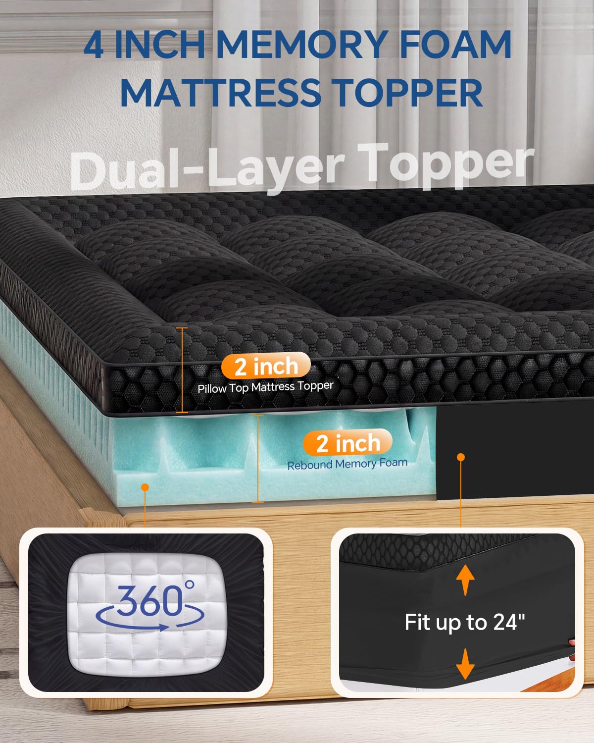BEDELITE Dual Layer 4 Inch King Size Memory Foam Mattress Topper, 2 Inch Soft Pillow Top Mattress Pad Cover and 2 Inch Gel Memory Foam for Pressure Relief, 2-in-1 Design for Comfort & Support (Black)