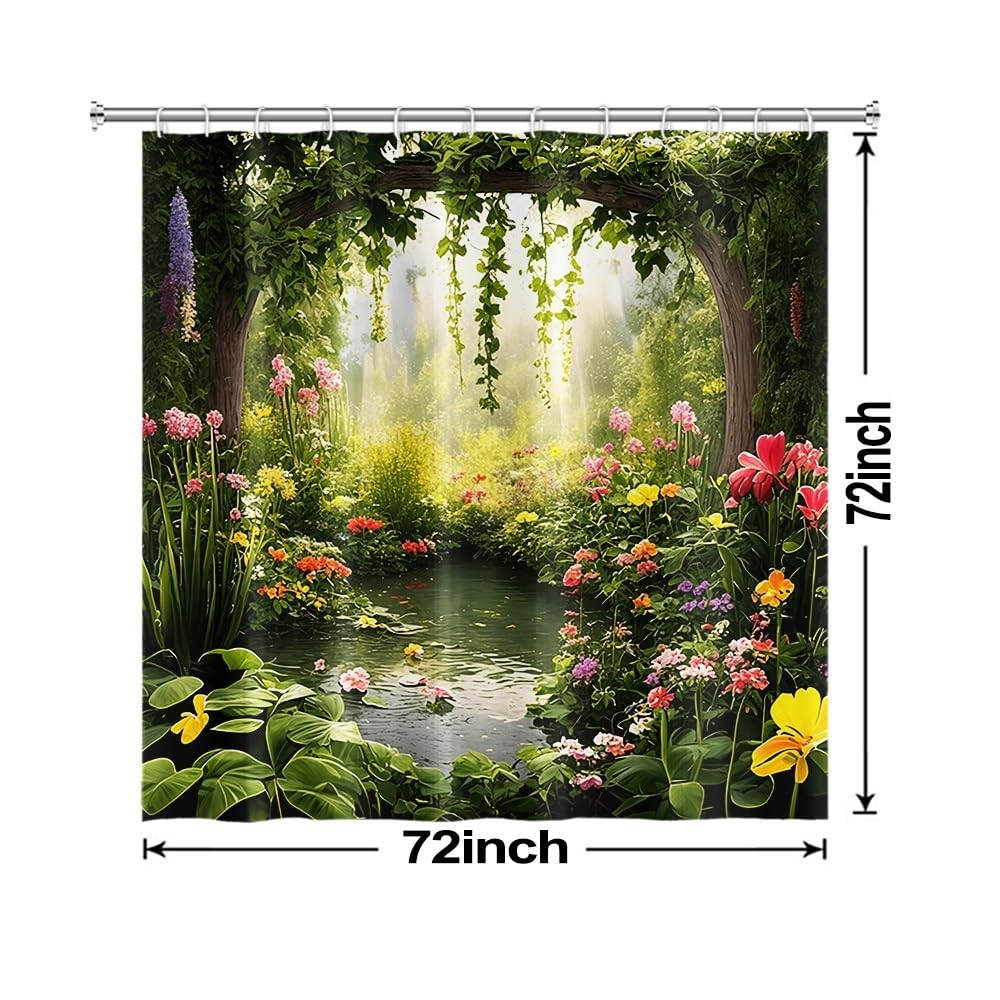 Ruelvth Enchanted Forest Shower Curtain, Nature Green Botanical Shower Curtains with Hooks Spring Floral and Leaves Waterproof Bathroom Decor, 72x72 inch