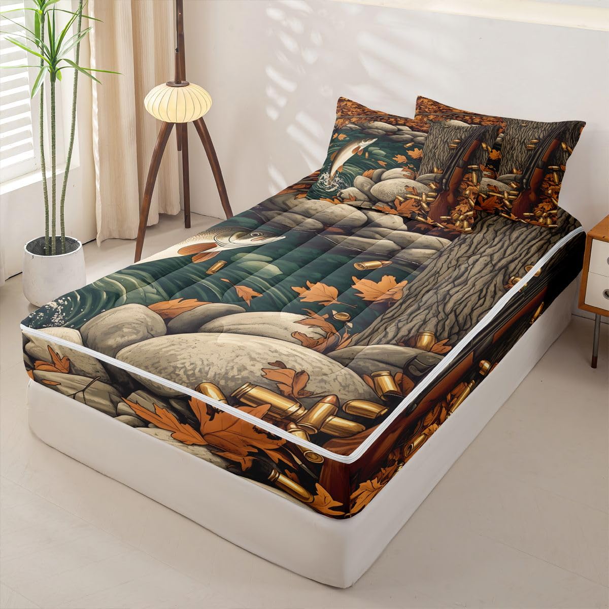 jejeloiu Fishing Zipper Bedding Twin Hunting Wildlife Bedding Sets for Kids Boys Girls Autumn Pond Comforter Set with Fitted Sheet 2 Pillowcases Rustic One Zipper Bed Set for All Seasons