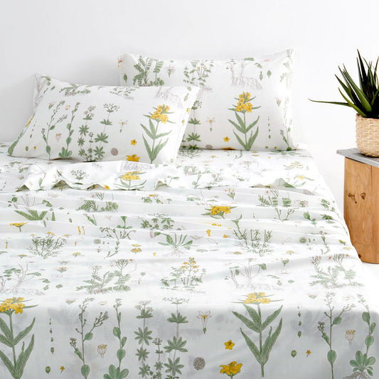 Wake In Cloud - Floral Bed Sheets, 4-Piece Sheet Set, Cute Botanical Shabby Chic Coquette Cottagecore Flower Pattern Printed Bedding, Deep Pocket, Yellow Green, King Size