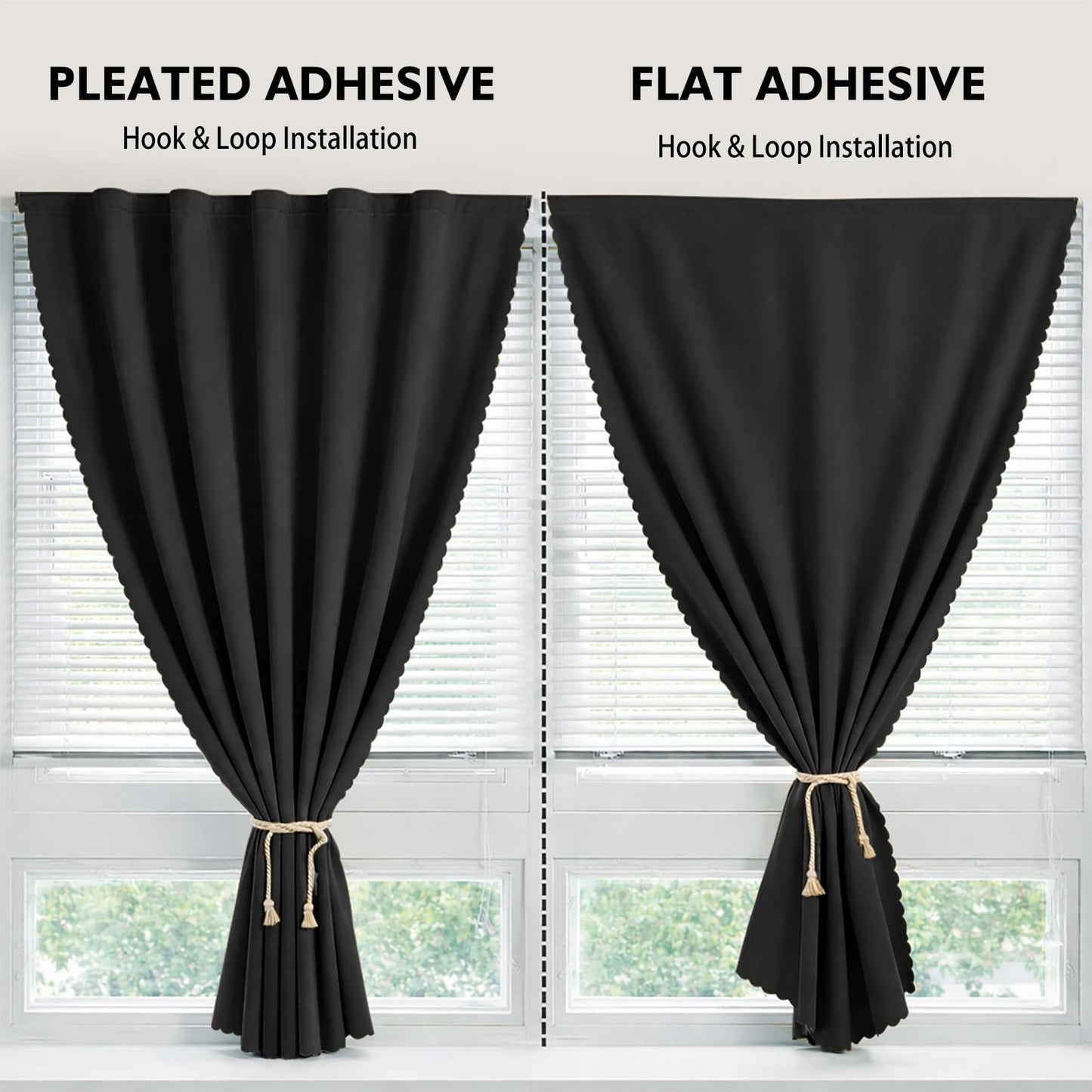 Jilron Magic Tape Stick on Curtains Blackout Curtains for Bedroom no Drillng Self Adhesive Curtain no Rod Small Window (Black, 35" W x 40" L) 2 Panels