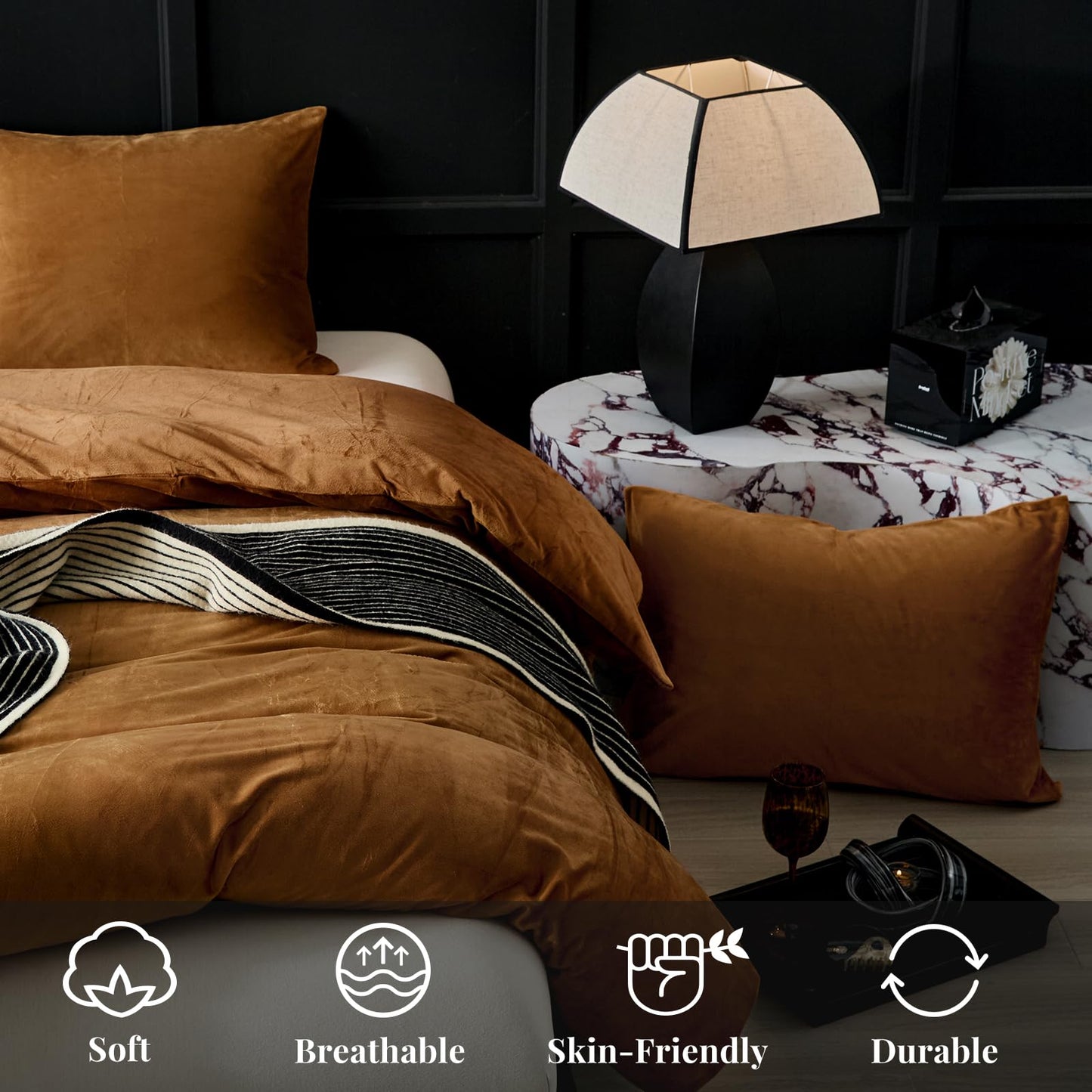 WARMDERN Camel Flannel Velvet Duvet Cover King Size Duvet Cover Bedding Sets, 3pcs Ultra Soft Luxury Textured Modern Crystal Velvet Duvet Covers with Zipper Closure(Camel, King)